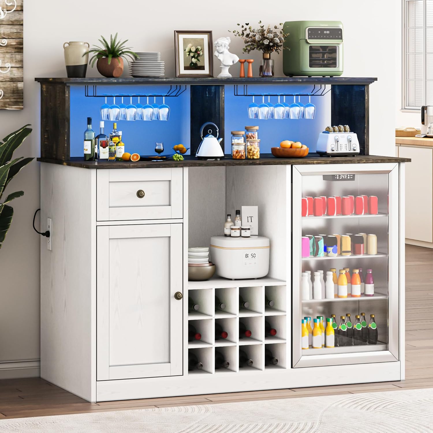 55'' Wine Bar Cabinet with Mini Fridge Space, Liquor Coffee Cabinet with LED Lights & Power Outlet, Kitchen Buffet Hutch, Fridge Cabinet with Wine Rack & Glass Holder, Storage Drawers, White (White)