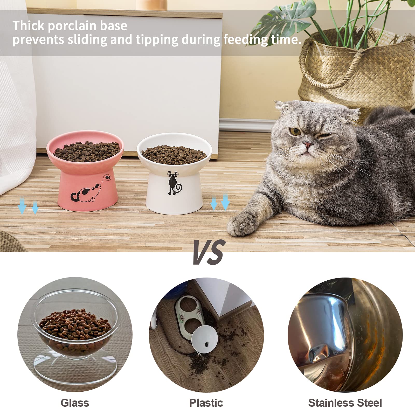 4 Pcs Raised Ceramic Cat Bowls - Tilted Elevated Pet Feeder Dish With Decor Rings, Reduces Neck Strain