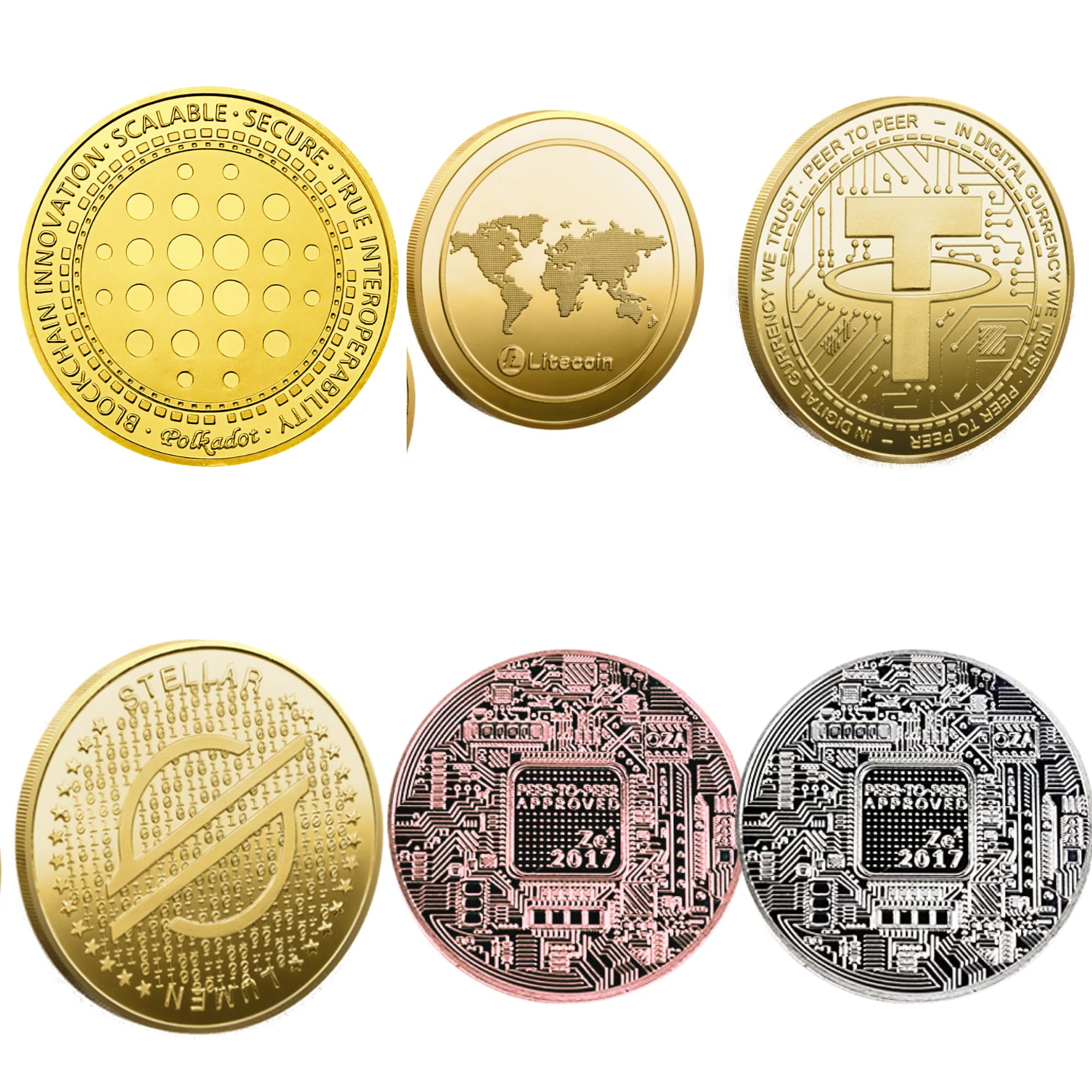 Adiman Cryptocoin Bitcoin Copper + Silver + Gold Plated Litecoin Tether  Stellar Polkadot Combo Coin Set 1 oz Weight (6 Coins) : Amazon.in: Toys &  Games
