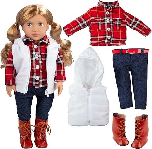Conjunto de 4 piezas de muñeca de senderismo para otoño e invierno al aire libre, incluye camisa de franela, chaleco, jeans con cinturón y botas,