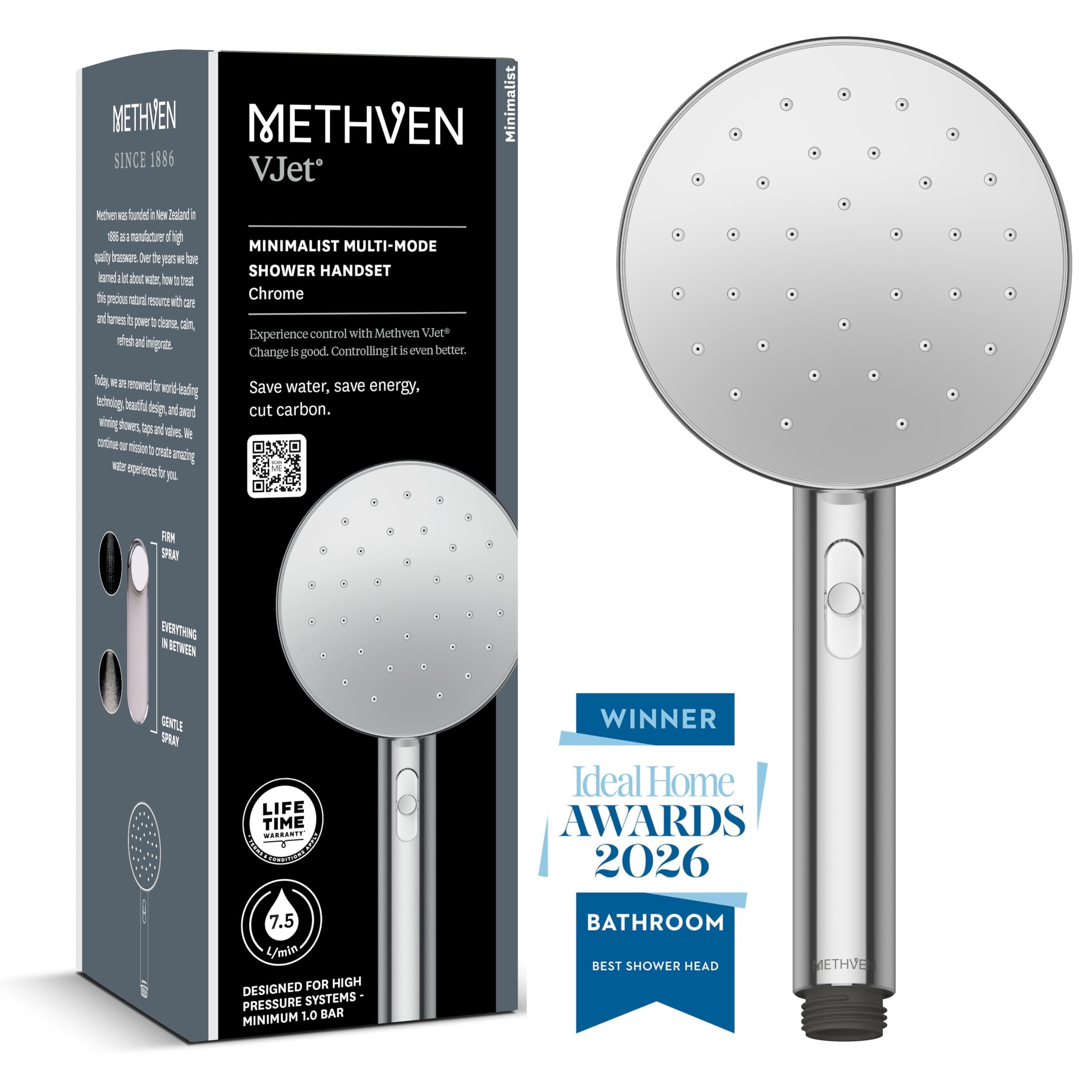 Methven VJet Minimalist Multimode Shower Handset Chrome Water Saving Eco Shower Head WRAS KIWA Certified 1/2" BSP Connection High Pressure Bathroom Handheld Spray MNHSCP