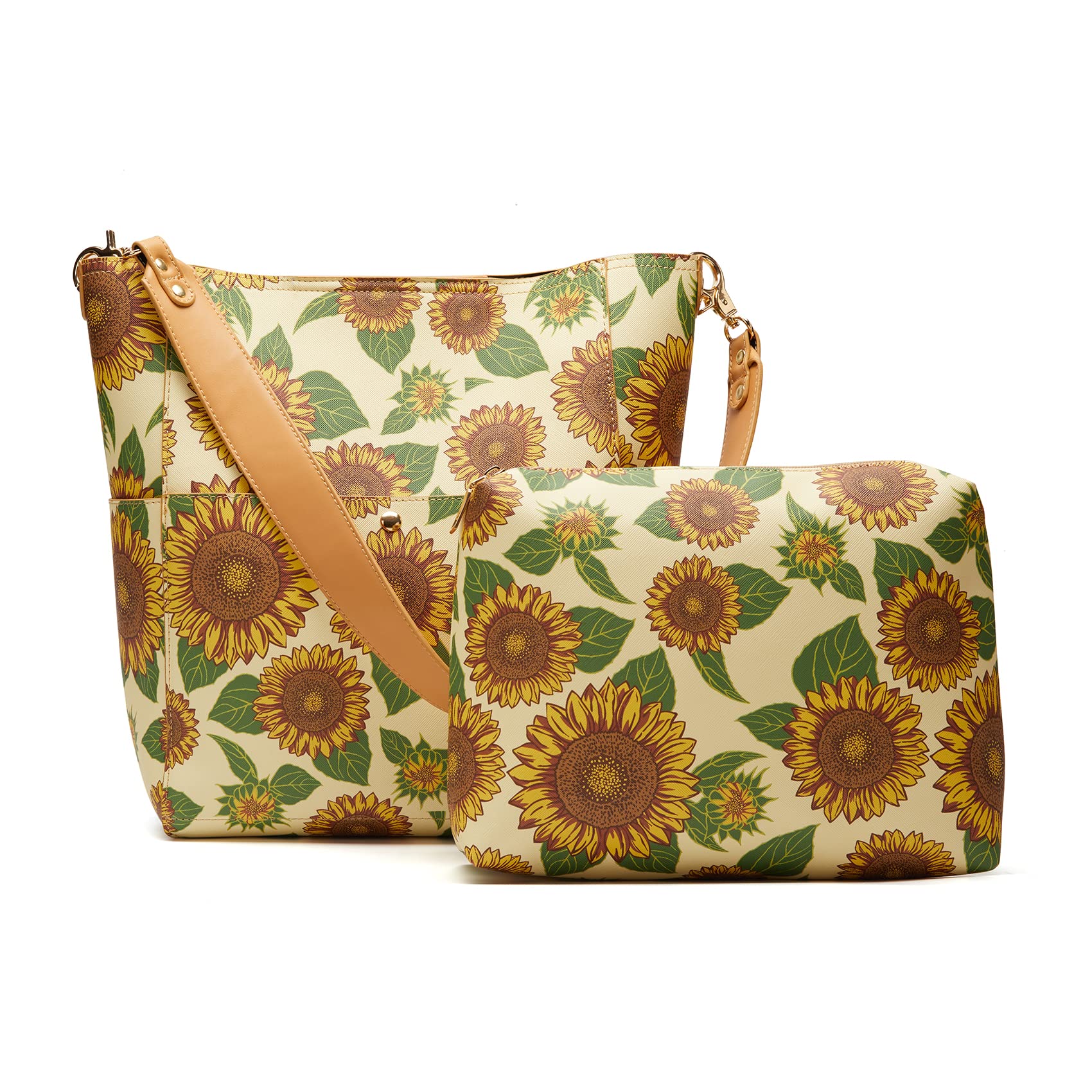 Shoulder Bucket Bag Women Designer Handbags Tote Purses with Floral Sunflower Butterflies Print innner Pouch 2-piece Size Bag