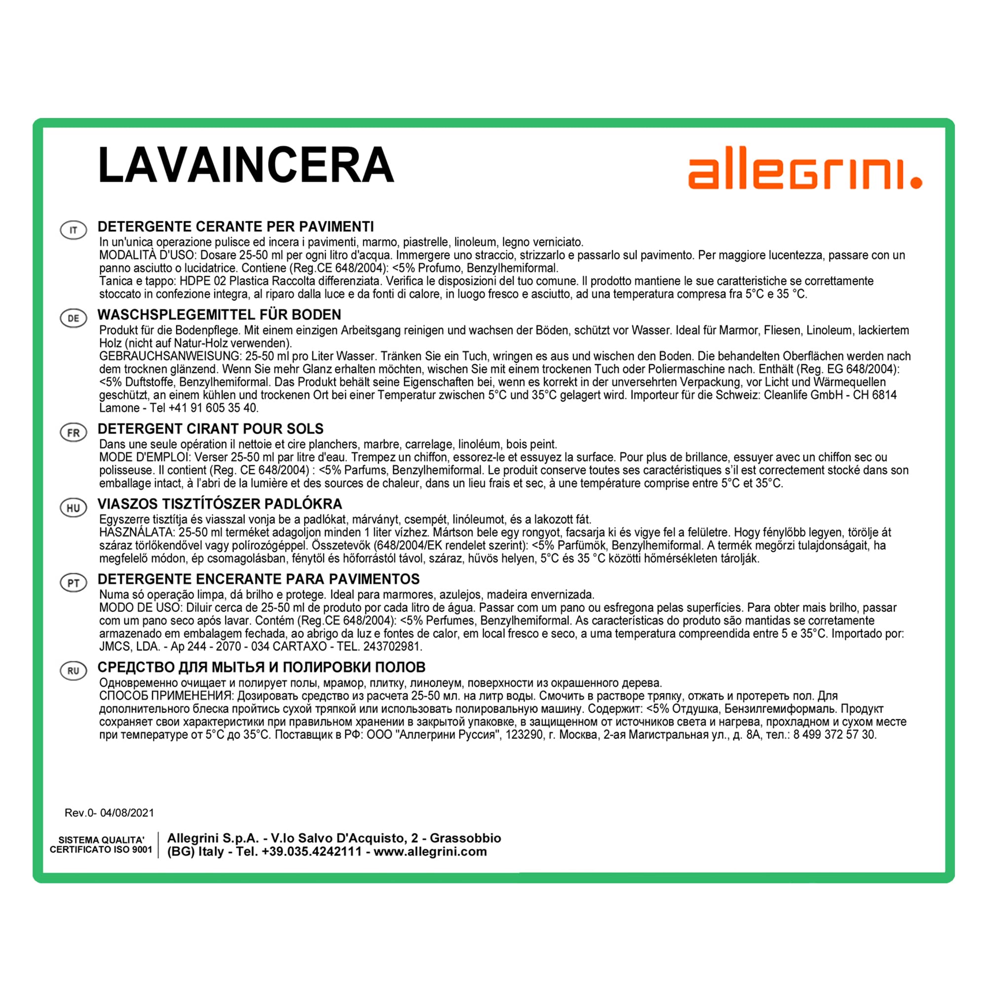 Allegrini, Lavaincera, Detergente lucidante per la pulizia quotidiana di pavimentazioni, pulisce e incera in una sola passata - 4 flaconi da 5L