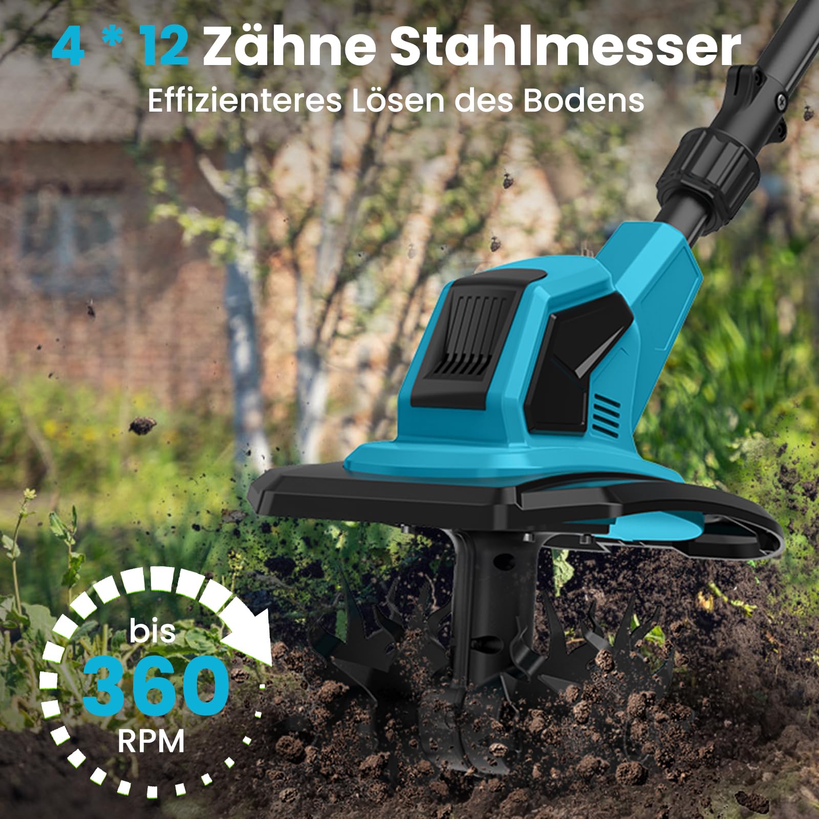 Akku-Bodenhacke für Makita 18V Batterie, 550W Gartenfräse Akkus, 20cm Bodenbearbeitungstiefe,15cm Bearbeitungsbreite, 360RPM, Klappbar Gartenfräse Elektrisch (2 Akku)