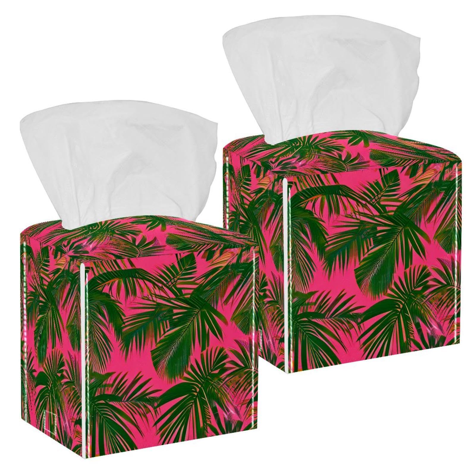 Tropical Palm Tissue Box Cover, 2 Pack PU Leather Square Facial Tissue Dispenser Box holder for Home Office Car
