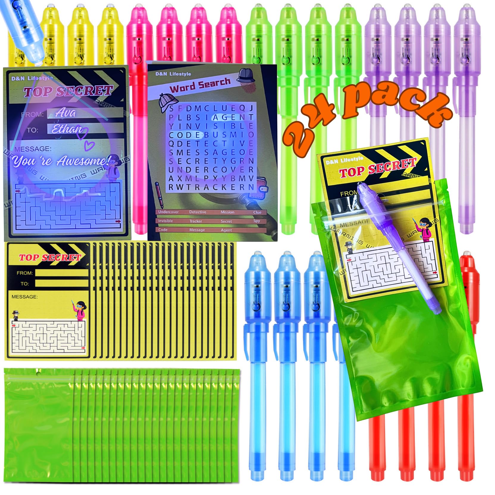 D&N Lifestyle Invisible Ink Pens for Kids, 24-Pack UV Secret Message Pens with Word Search & Maze Cards + Gift Bags, Valentine’s Day Party Favors &