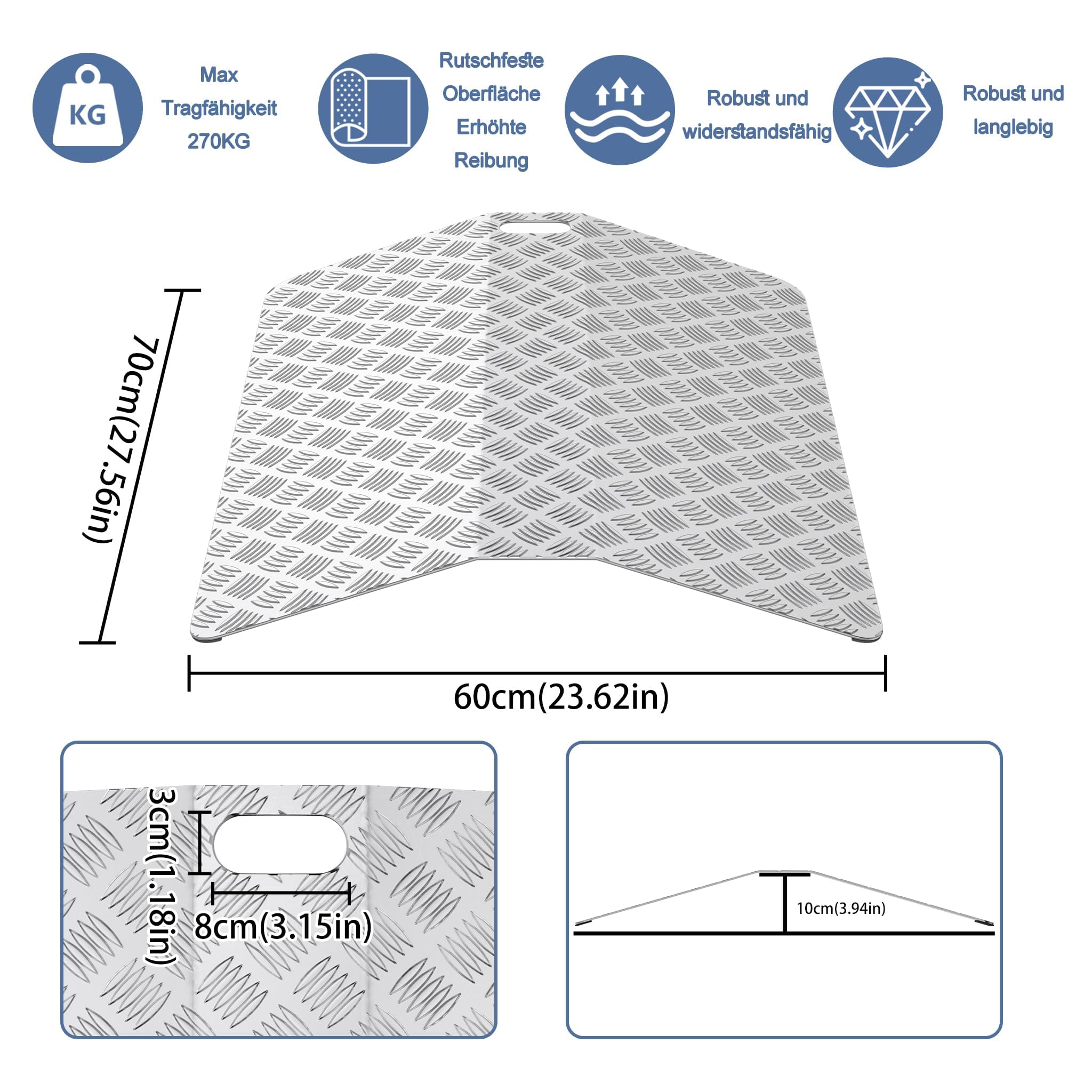 ACXIN Rampa progowa, aluminiowa, antypoślizgowa rampa dla wózków inwalidzkich z uchwytami, przenośny most progowy, nośność 270 kg (60 x 70 x 10 cm)
