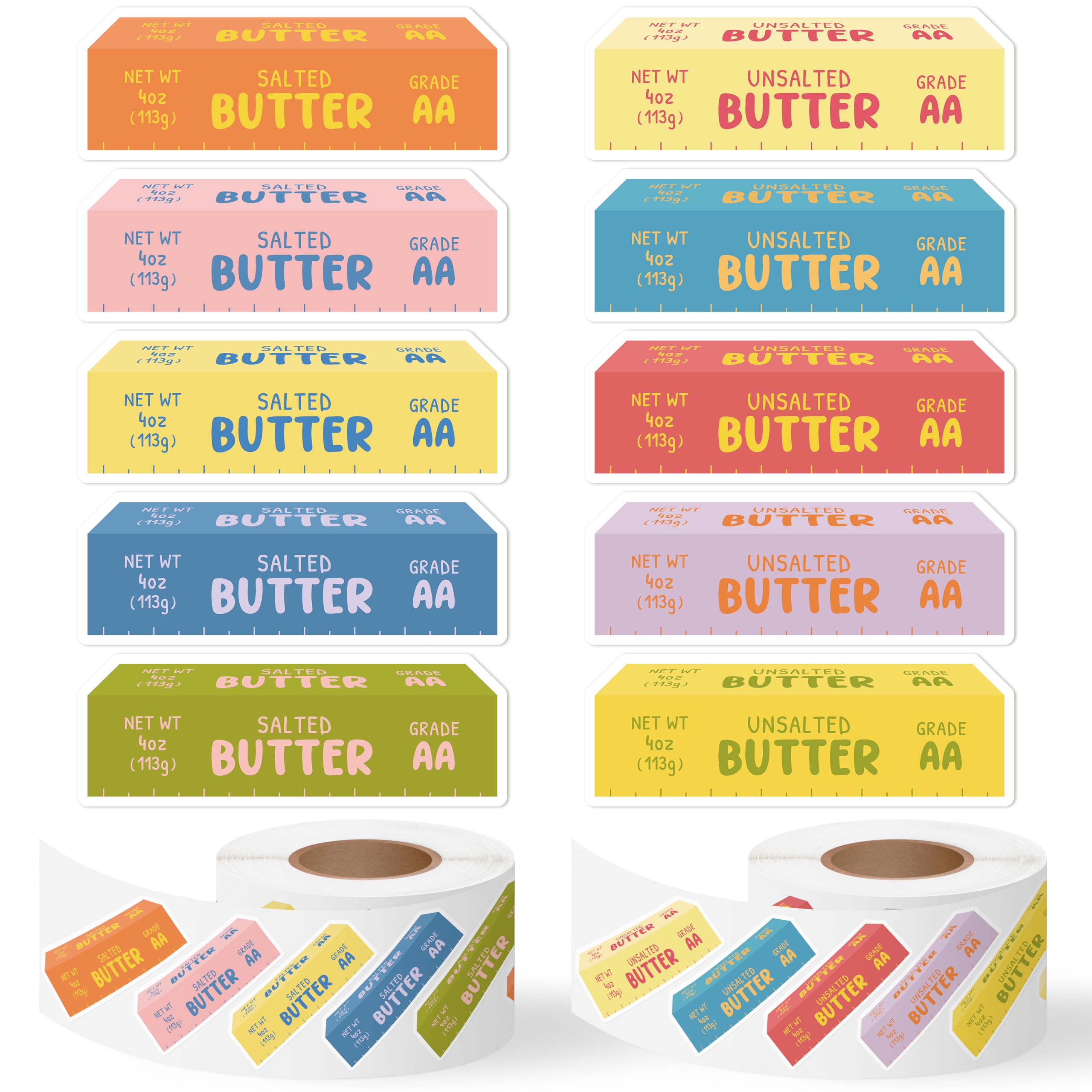 Colorful Butter Sticker Roll, 1000Pcs Salted Unsalted Butter 2Roll