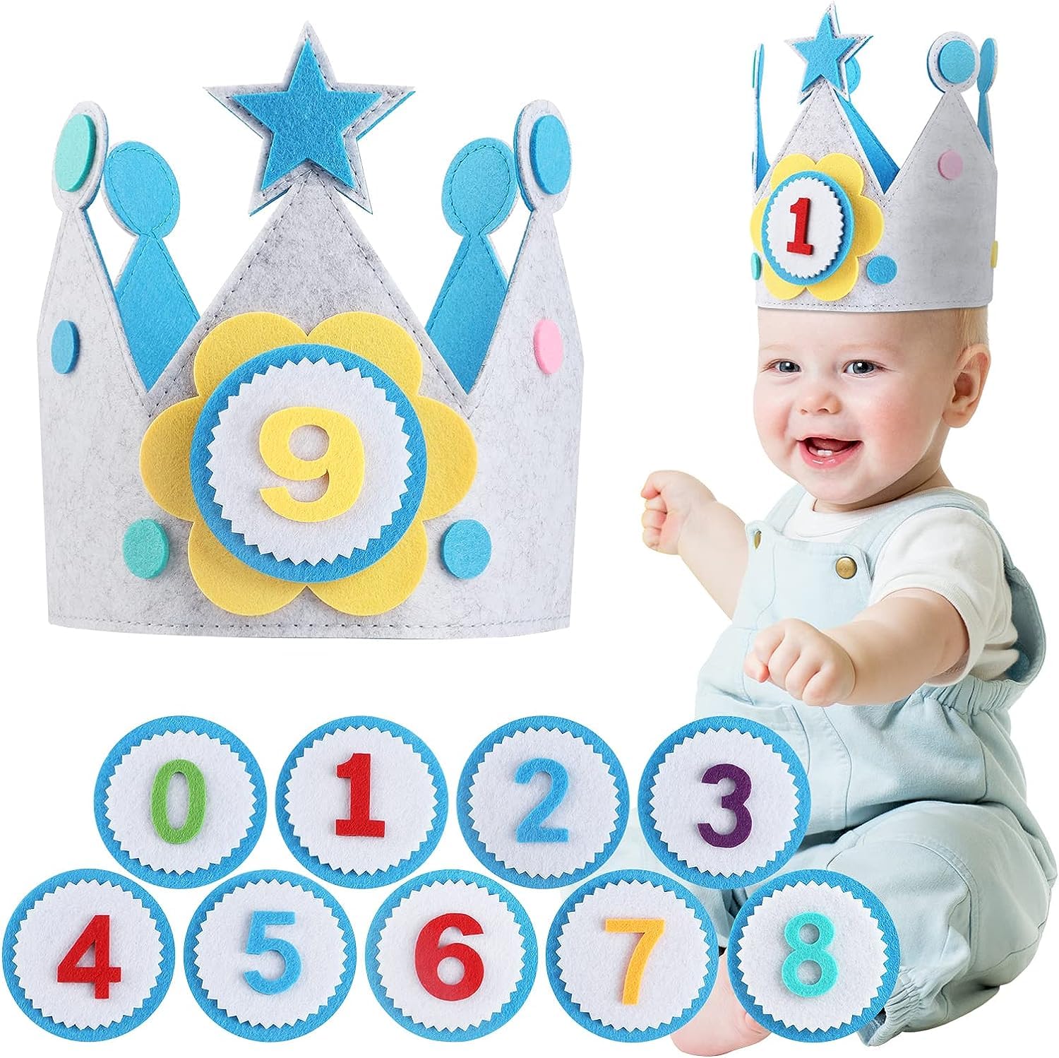 IncrizmaIncrizma Reusable Birthday Party Hat Crown for Kids, Felt HappyBirthday Hat with Adjustable Velcro, Girls Boys Baby Photo Props, Birthday Party Tiara for Children Aged 1-9 (Multi color - Blue)