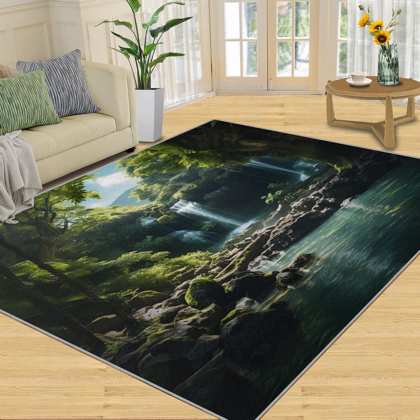 Waterfall Forest Area Rug 3x4ft Zen Water Landscape Rugs, Misty Jungle Waterway Rug, Waterfall Rock Rug, Fantasy Indoor Jungle Decor Carpet, for
