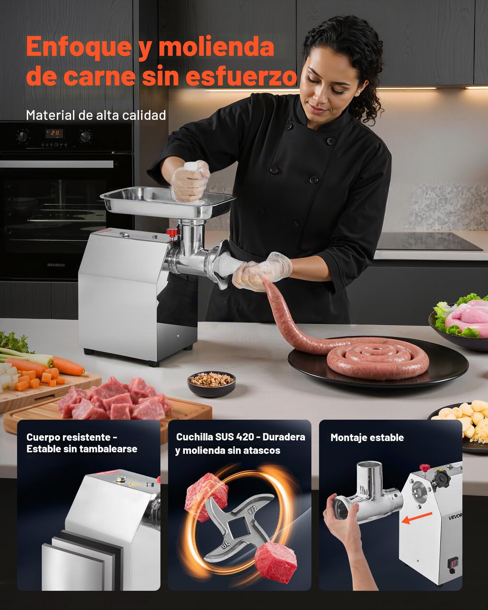VEVOR Picadora de Carne Eléctrica de Encimera con Cuchilla, Capacidad de 4,2 kg/min, Placa de Molienda, Máquina para Hacer Salchichas, Acero Inoxidable para Cocina y Restaurante, 430 x 248 x 440 mm