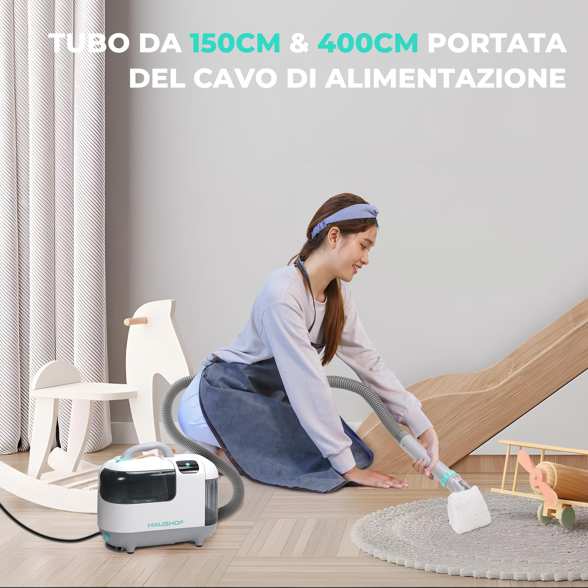 HAUSHOF StainZapper Vapo - Lavatappeti Portatile a Vapore 1200W, 1,8L Lava Tappezzeria con Riscaldamento per Sedili Auto, Moquette e Tappeti, pulitore a vapore per cucine e bagni Con 750ml Detergente