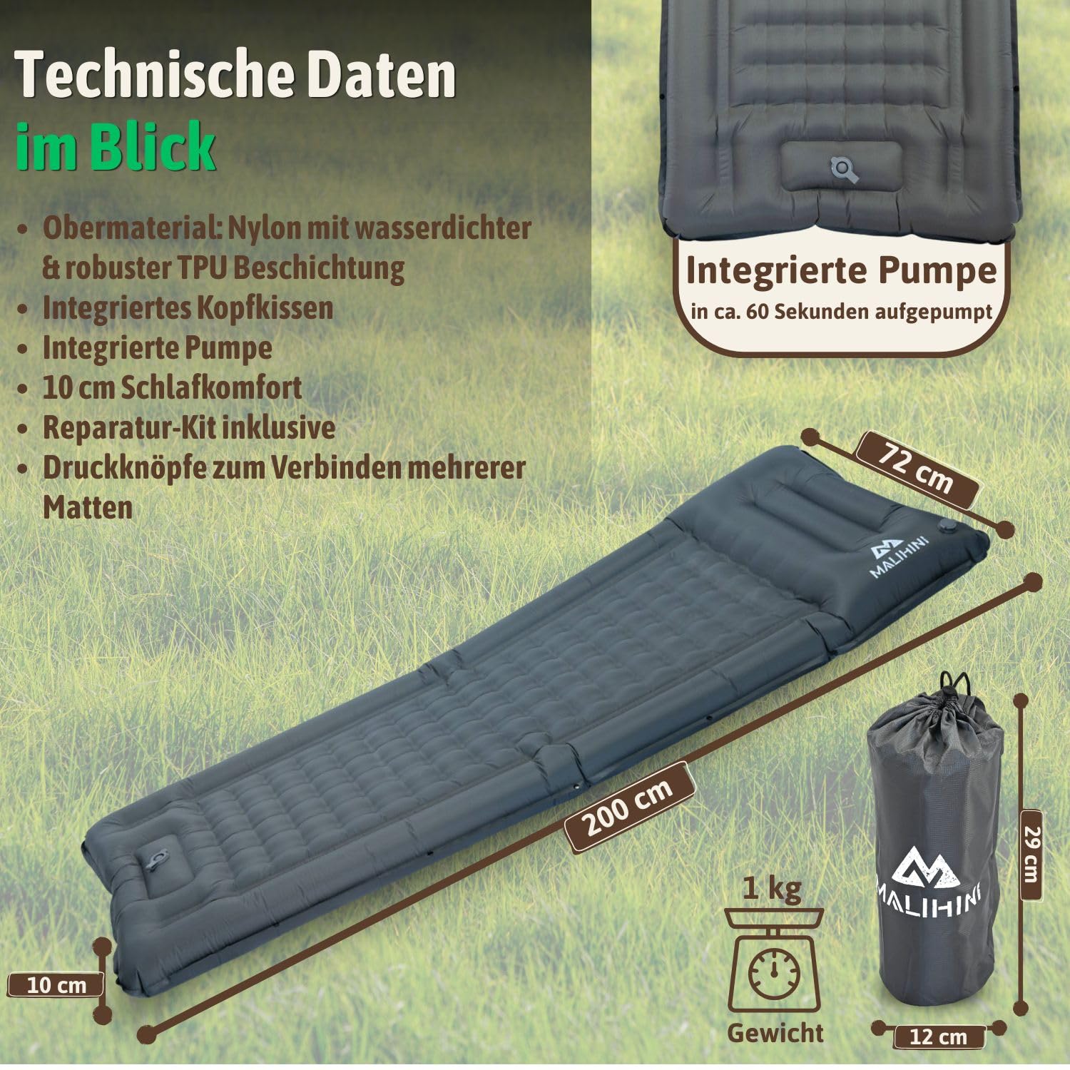 MALIHINI Camping Isomatte selbstaufblasend | Fußpumpe & Kissen | 10 cm dick | Aufblasbar ultraleicht Luftmatratze Schlafmatte Campingmatte Isoliermatte Trekking Outdoor Motorrad Bikepacking koppelbar