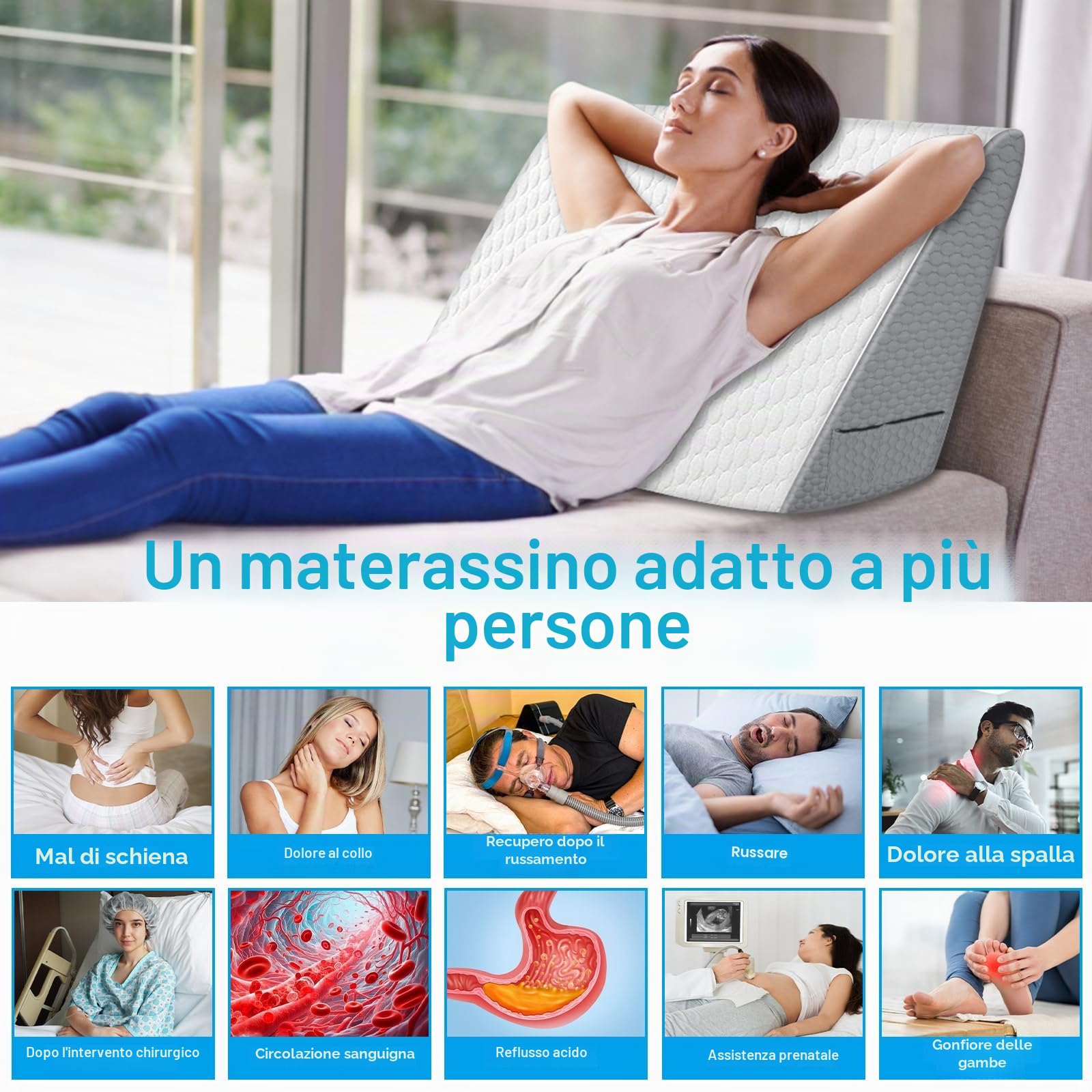 Cuscino a Cuneo,Cuscino Antireflusso Ergonomico,Cuscino a Cuneo Ortopedico in Cotone per Letto e Divano, Cuscini da Lettura, Supporto per Schiena e Rialzo Gambe,Rimovibile e lavabile