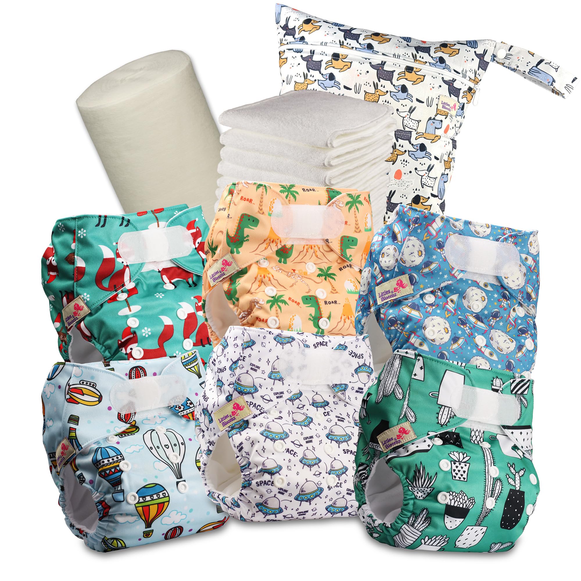 Littles & Bloomz Pañales Reutilizables – Pañales de Tela Tipo Bolsillo con Cierre de Gancho y Bucle en la Cintura, 6 Pañales + 6 Insertos de Microfibra, Forros de Bambú y Bolsa Impermeable, 620VM6