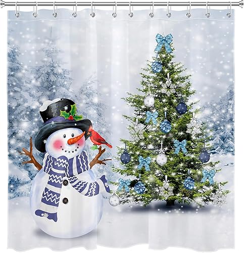 Miniatura 9 de LB Cortina de ducha de muñeco de nieve de Navidad, lindo muñeco de nieve con árbol de Navidad en invierno, bosque nevado, cortina de ducha de baño,