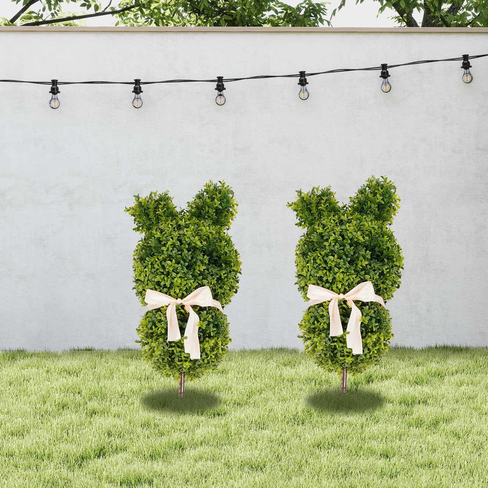 Bunny Topiary, 2 pezzi da 90 cm, bosso artificiale, coniglietto da giardino, conigli pasquali con picchetto per esterni, decorazione da giardino