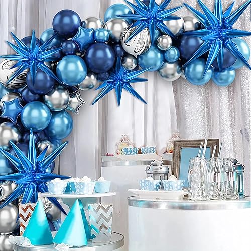 Miniatura 8 de Toniful 4 globos de Mylar de cono de estrella azul 4D de 22 pulgadas, globos de estrella de 14 puntos, globos de papel de aluminio de estrella para