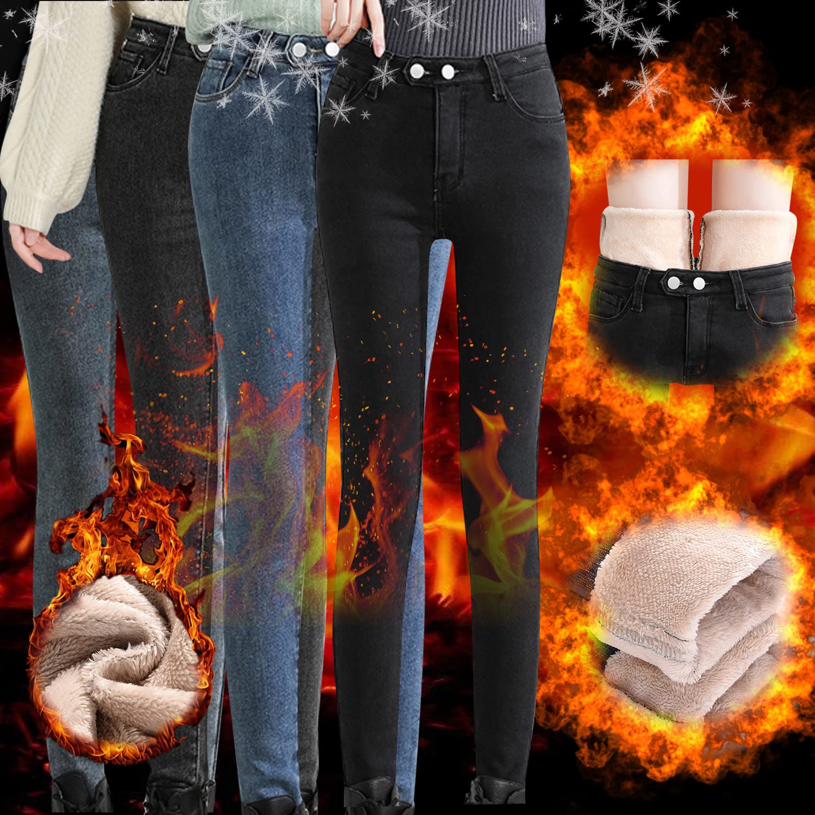 Jean thermique pour femme avec doublure en polaire - Pantalon en jean pour femme - Legging chaud en denim - Aspect jean - Legging thermique taille haute - Collants - Coupe ajustée - Jeans stretch