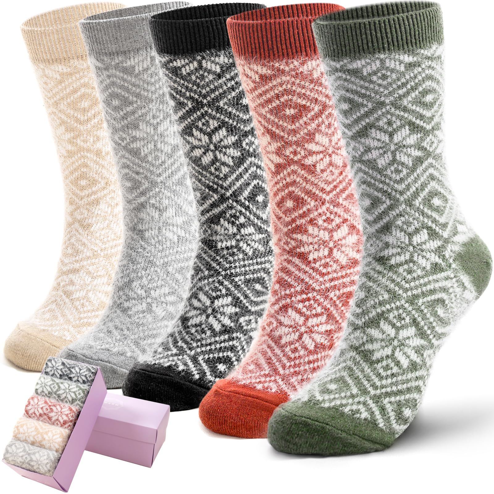 ICEIVY Damen-Socken, dick, weich, warm, flauschig, flauschig, gemütlich, lässig, mit Geschenkbox, 5 Stück