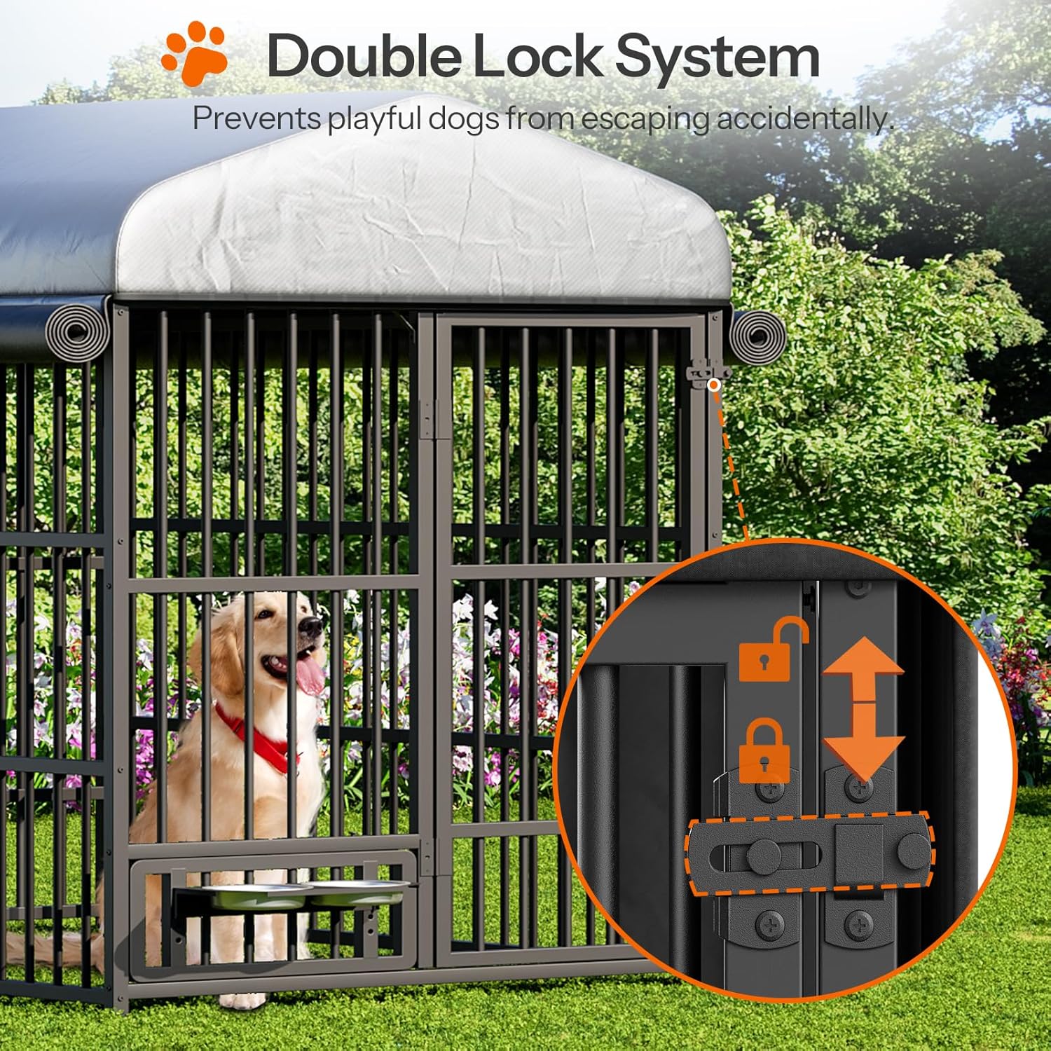 HOOBRO Outdoor Dog Kennel with Cover, 6.6 x 3.9 x 5.9 ft Dog Kennel Outside with Waterproof Roof and Rotating Feeding Bowls, Heavy-Duty Large Cage Enclosure, for Medium & Large Dogs, Black BK212GW03