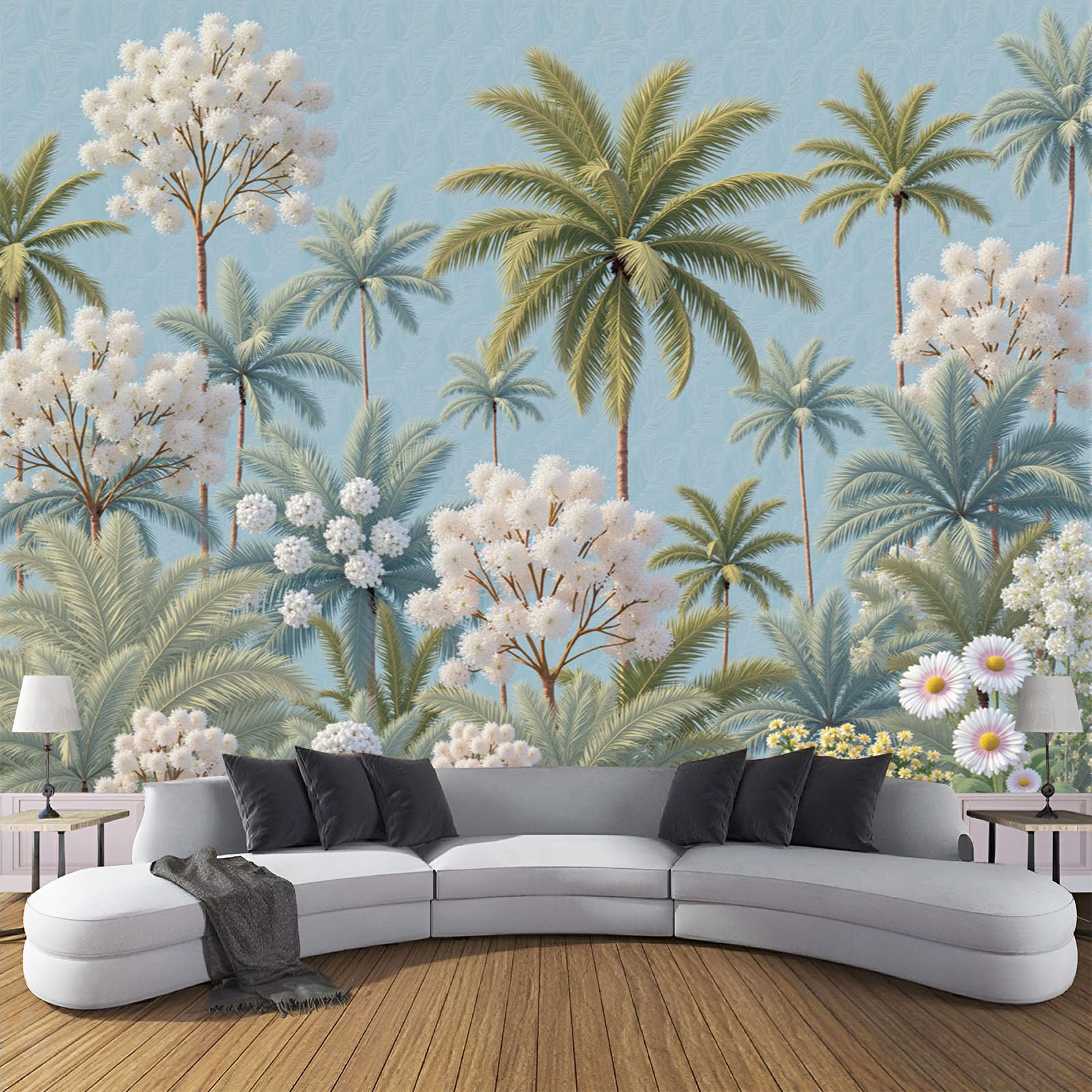 Papier peint 3D plantes tropicales pour agrandir un salon et masquer un mur