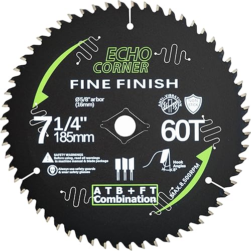 7-1/4 Inch Ultra Finish Circular Saw Blade for Wood, Carbide ATBFT 60T, 5/8" Arbor, Non-Stick Coating