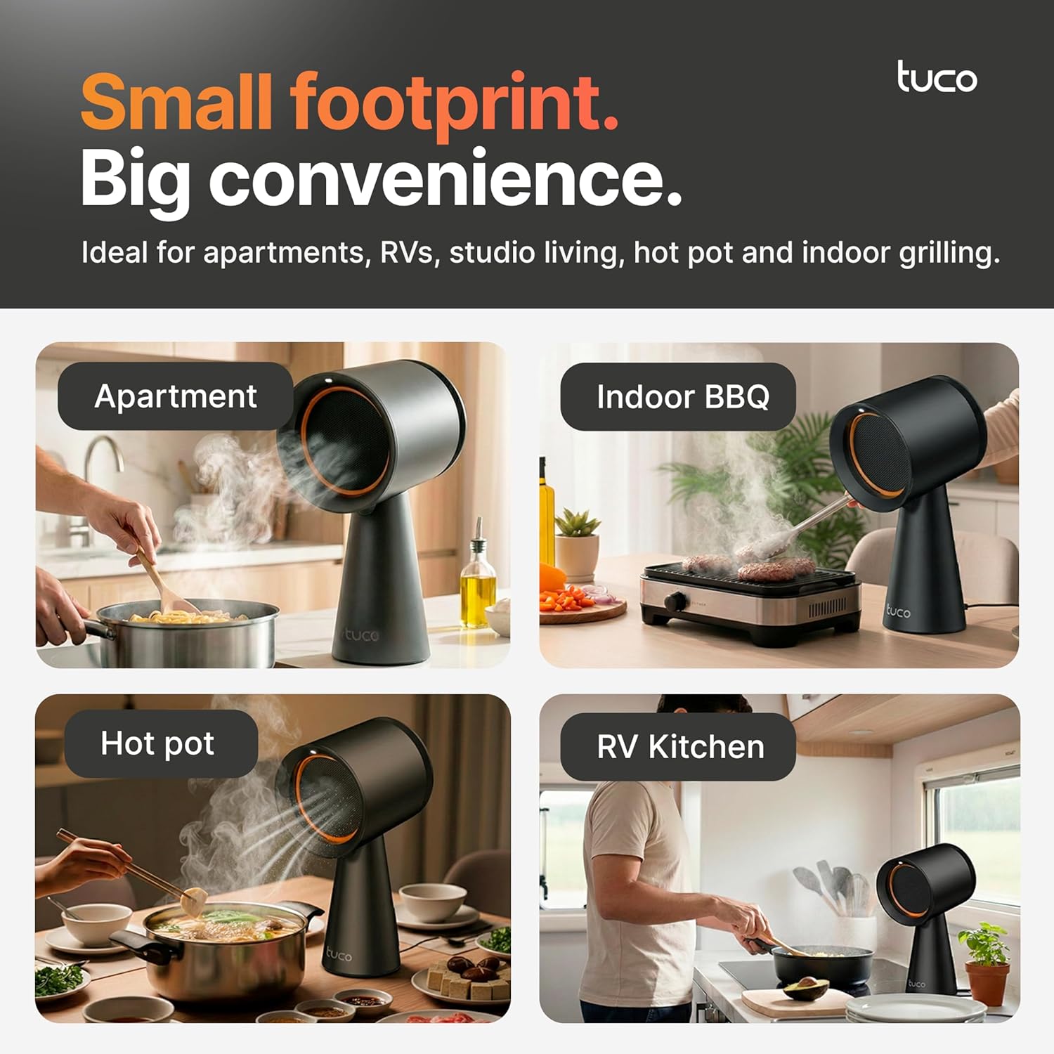TUCO Portable Range Hood, Countertop Kitchen Exhaust Fan with 3 Speeds, 5-Layer Filter, Powerful Smoke Removal, Low Noise, Oil Cup, Air Purifier for Apartments, Dorms & Indoor BBQ Smokeless – Black