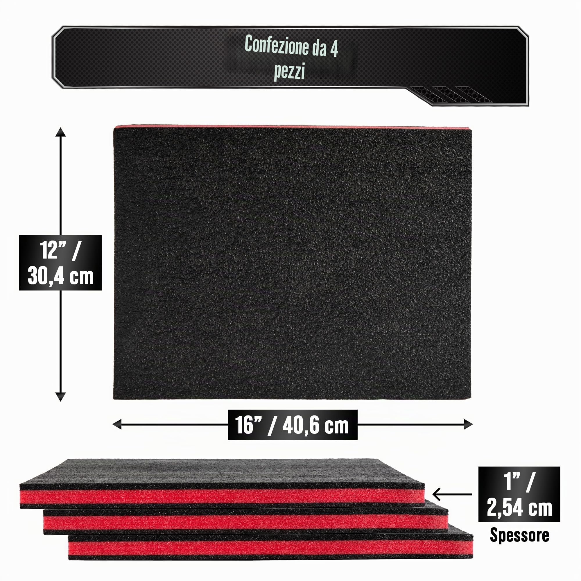Precision Defined Kit Schiuma per Cassette degli Attrezzi - Inserti per Custodie, Shadow Foam Nero/Rosso (40,6 x 30,4 x 2,54 cm, Confezione da 4)