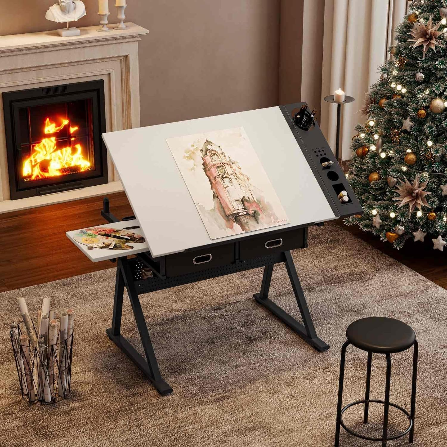 Adjustable Drawing Drafting Table with Stool, 38.58" Tiltable Art Desk (0-75°) for Artists Home Office School, Drafting Desk with 2 Drawers and Side Storage