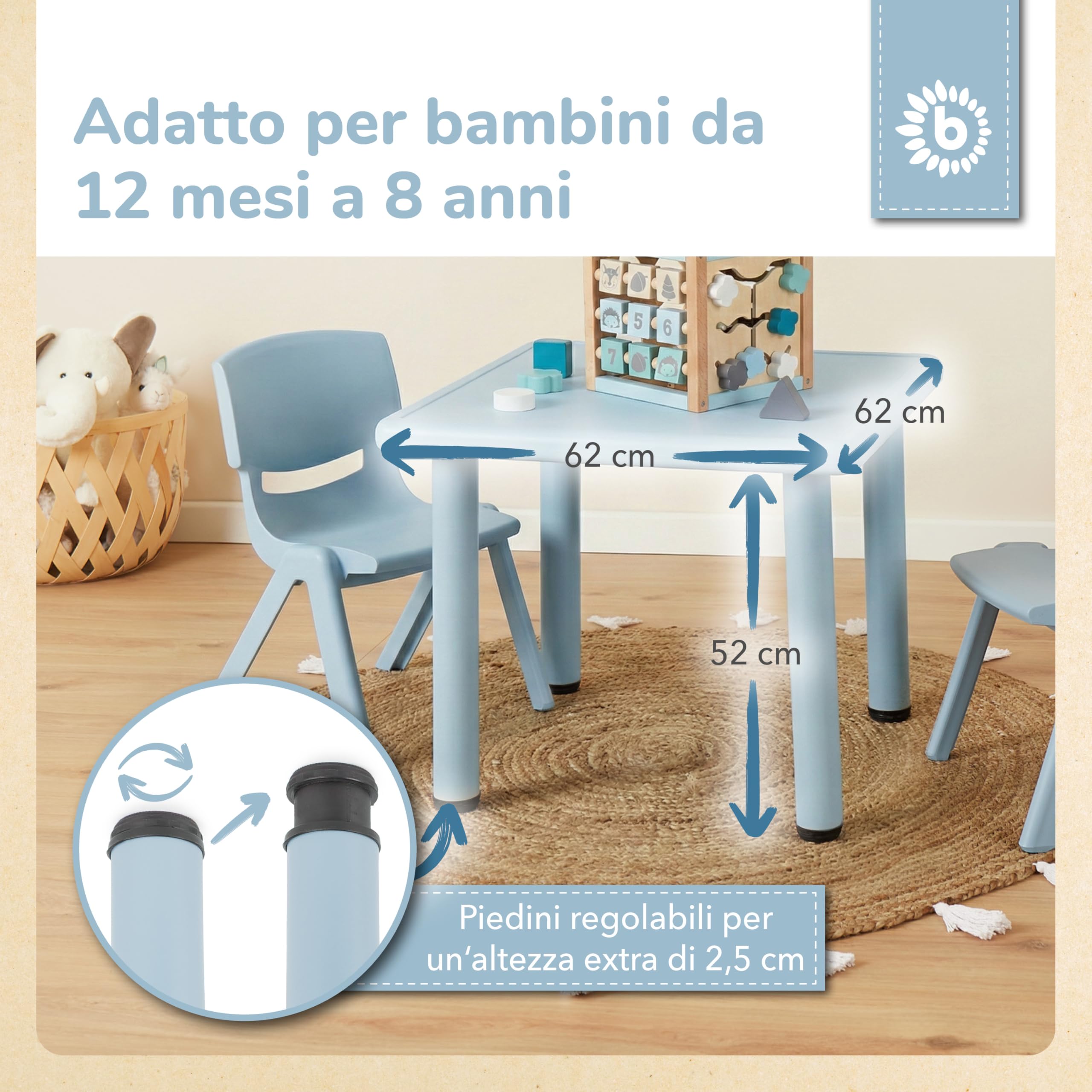 BIECO Tavolino per Bambini Grande Hazy Blue 62x62x52 cm | Tavolo per Bambini | Tavolino da Giardino in Plastica | Mobili da Giardino Esterno