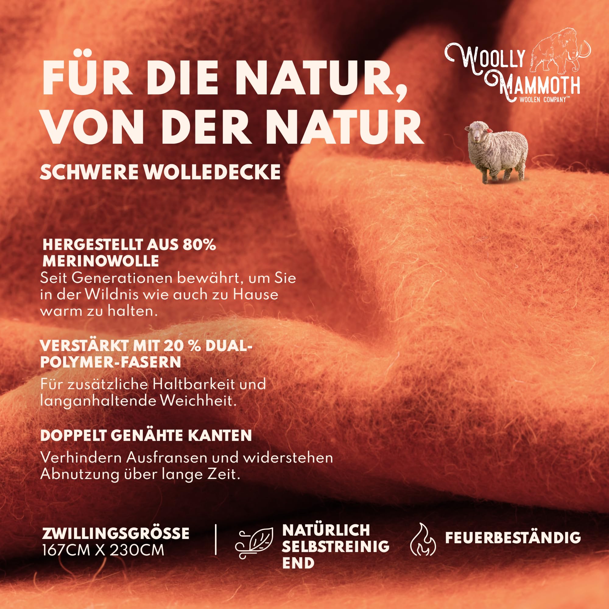 Wolly Mammoth 80% Wolle Decke - Sofa Kuscheldecke 167 x 230 cm Dicke Wärmedecke, Flauschige Wohndecke, Militärdecke, Wolldecke, Wärmende, Schwere Couchdecke, Draußen, Camping Rettungsdecke, Orange