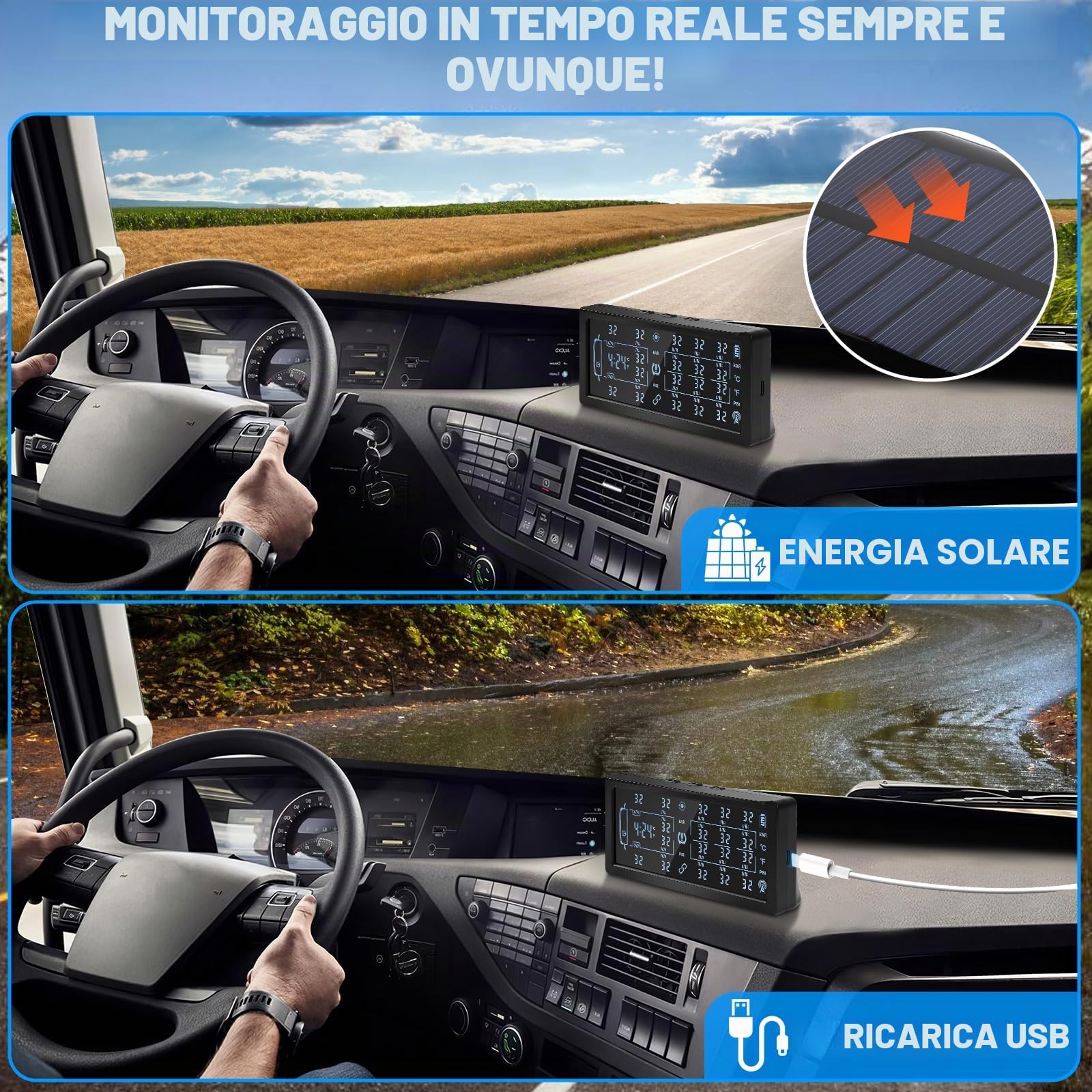 TPMS Sistema Monitoraggio Rilevatore di Controllo per 6/8 Ruote Van/Lkw/Truck Solare Della Pressione Degli Pneumatici con 8 Sensori,Ripetitore,13Bar/188Psi, 6 Tipi di Allarmi