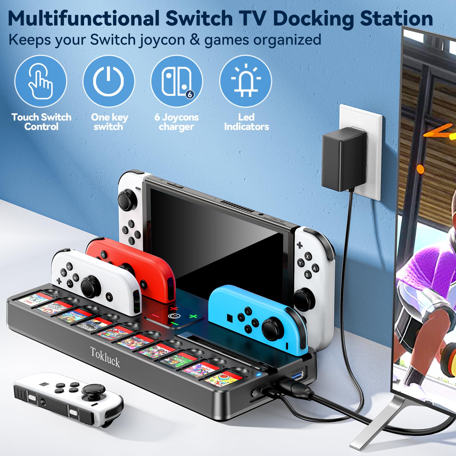 Switch TV Dock con Caricatore per Joycon, Dock per Nintendo Switch/OLED, Base di Ricarica per Joycon Switch con 4K HDMI, Porta USB 3.0 e Organizer per 10 Gioco Switch