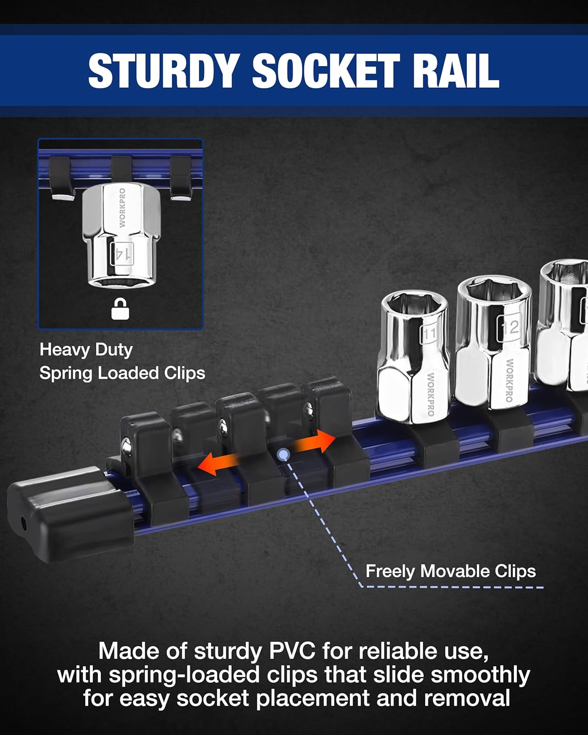 WORKPRO 3/8" Drive Socket Set, 10-Piece Metric CR-V Socket Set with Sturdy Socket Organizer, 6-Point Standard & Shallow Sockets 7mm to 17mm, External Hex Socket Set with Socket Rail for Anti Rolling
