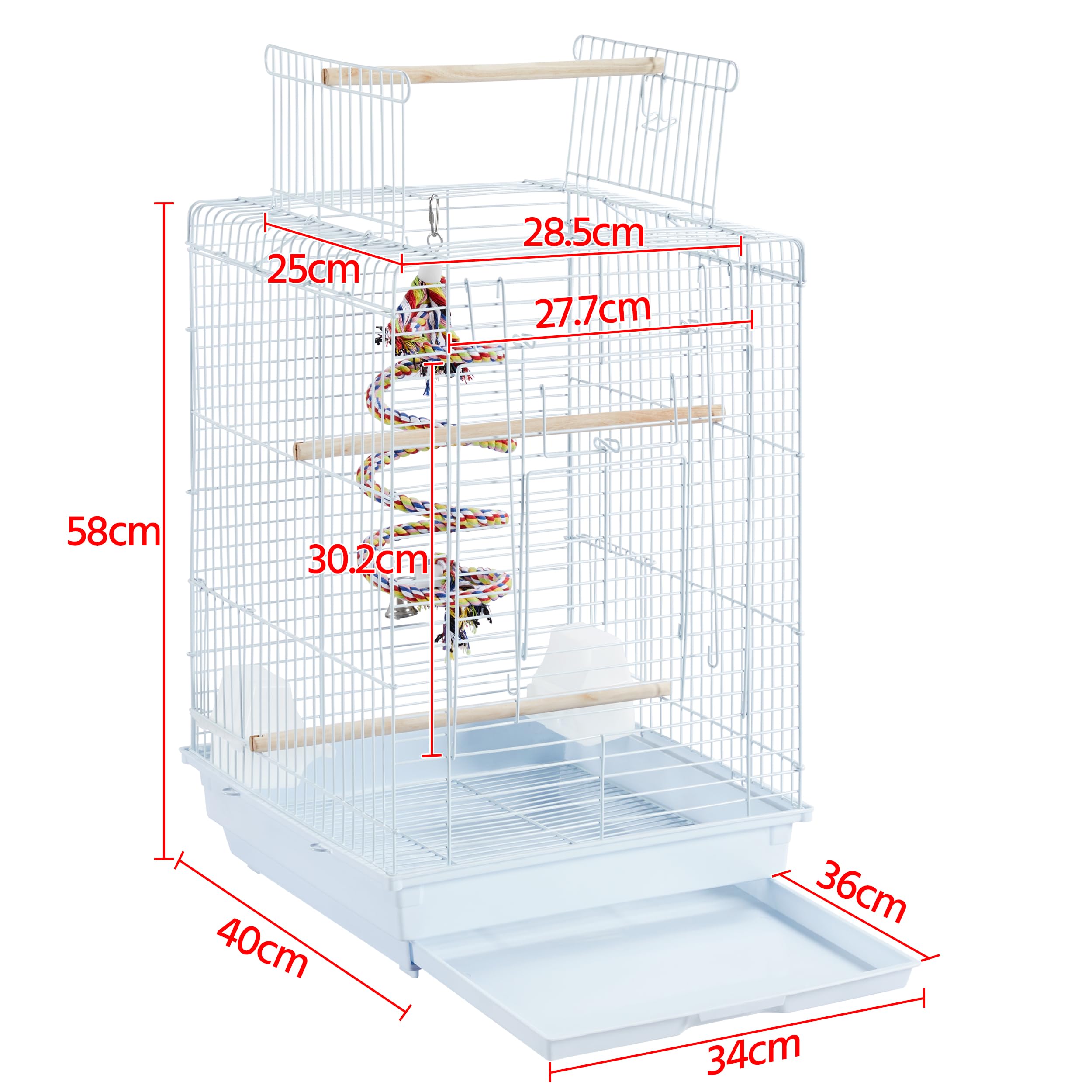 Yaheetech Gabbia Uccelli Metallo Tetto Apribile 40 × 40 × 58 cm Bianco | Gabbia Spaziosa con Tetto Apribile, Posatoi in Legno e Giocattolo Incluso, Adatta per Pappagalli e Inseparabili