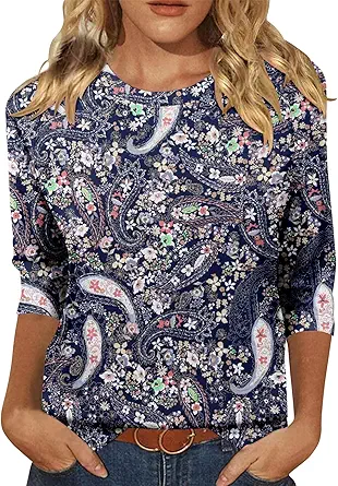 KISSMODA Tunic Tops for Women Loose Fit Dressy Round Neck Pleated 3/4 Length Sleeve Spring Tops