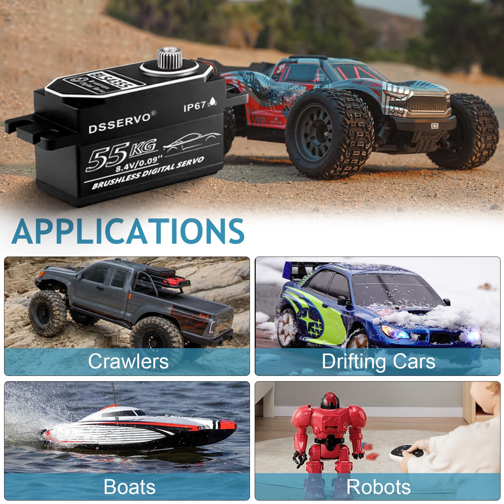 Servo brushless a basso profilo da 55 kg con 2 corno servo 25T tutto il metallo IP67 impermeabile Servo digitale ad alta coppia servo sterzo veloce per 1/8 1/10 1/12 1/14 RC auto, 180 °