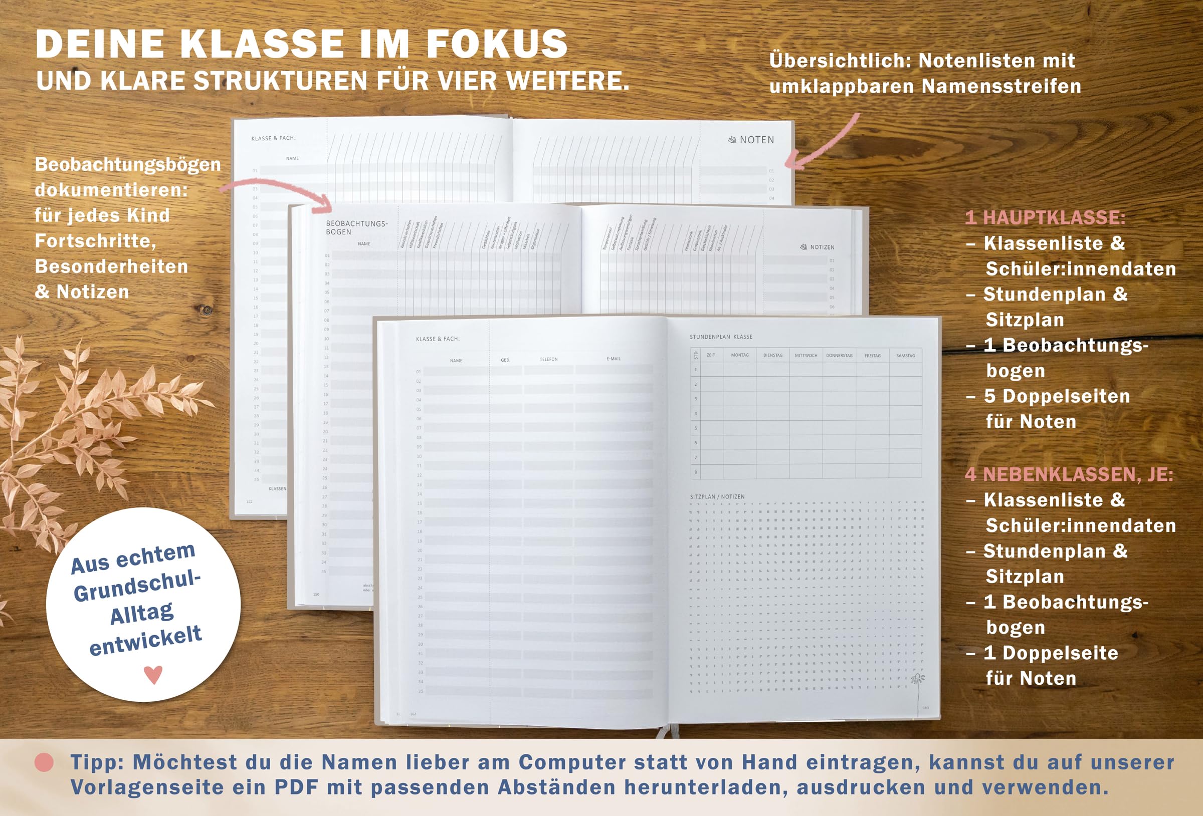 Eine der Guten Grundschulplaner 2026/2027 A4 Hardcover – Lehrerkalender Grundschule 2026 2027 | 2 Lesebänder, 6 Stunden, Beobachtungsbögen | nachhaltig, FSC-Papier, klimaneutral | Grau Beige Blumen