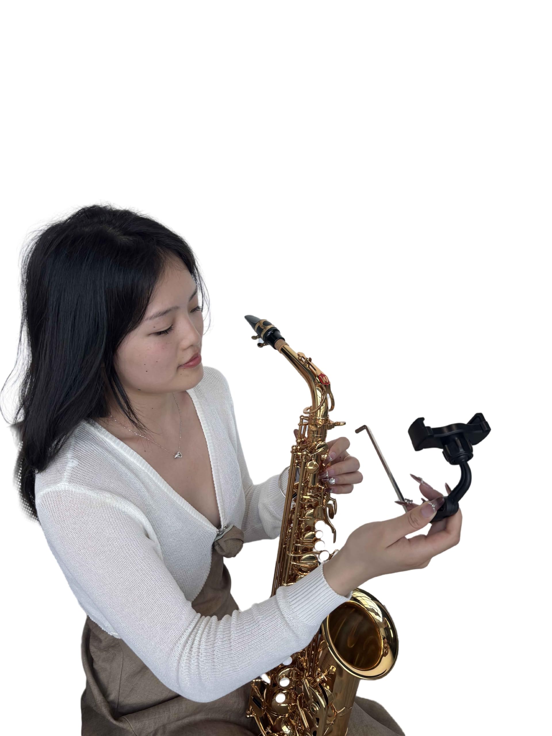 Alto Saxophone Lyre Phone Holder – Perfect for private practice and performances. Features a 4mm x 4mm socket, adjustable angle, and a 9cm max opening. Convenient and sturdy for musicians on the go