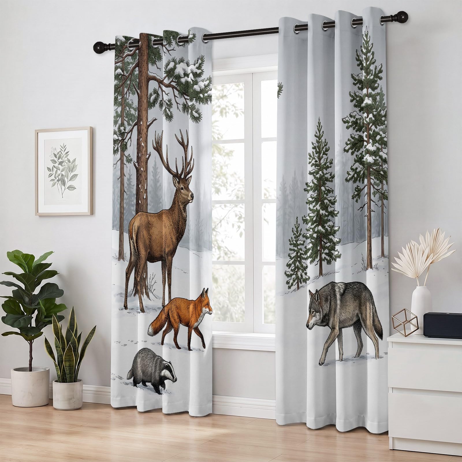 Generisch Natur Wald Tiere Vorhänge für Schlafzimmer 138 x 117 cm (H x B), Thermo Verdunkelung Hirsch Rotfuchs Vorhang Wohnzimmer Kälteschutz - Blickdichte Gardinen mit Ösen, 2 Stück