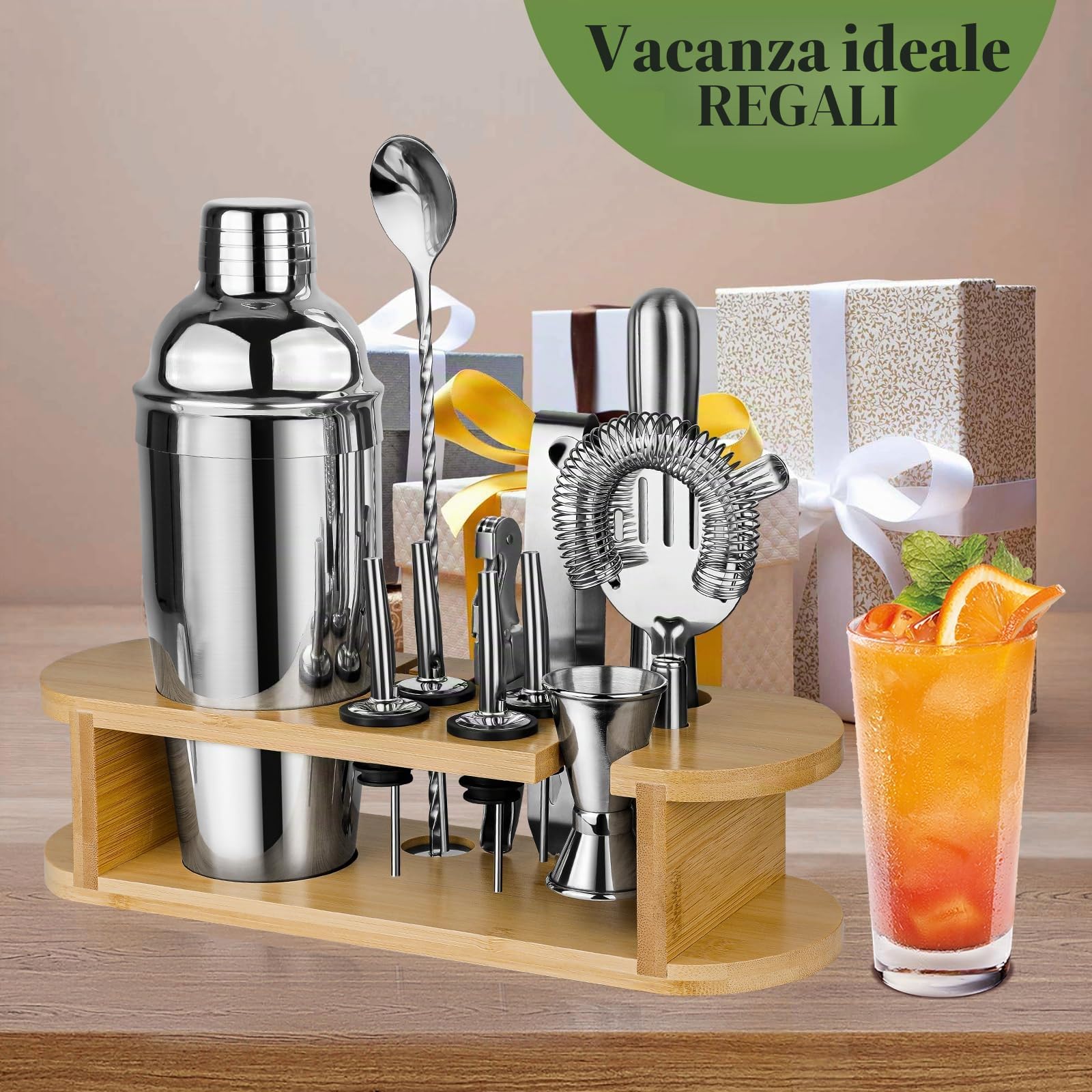 Set Shaker da Cocktail con Supporto, Set Cocktail Professionale in Acciaio Inox, Set Bar 12 pezzi per Miscelare le Bevande, Regali Donne Uomini Amanti dei Cocktail, Shaker da Cocktail Home Essentials