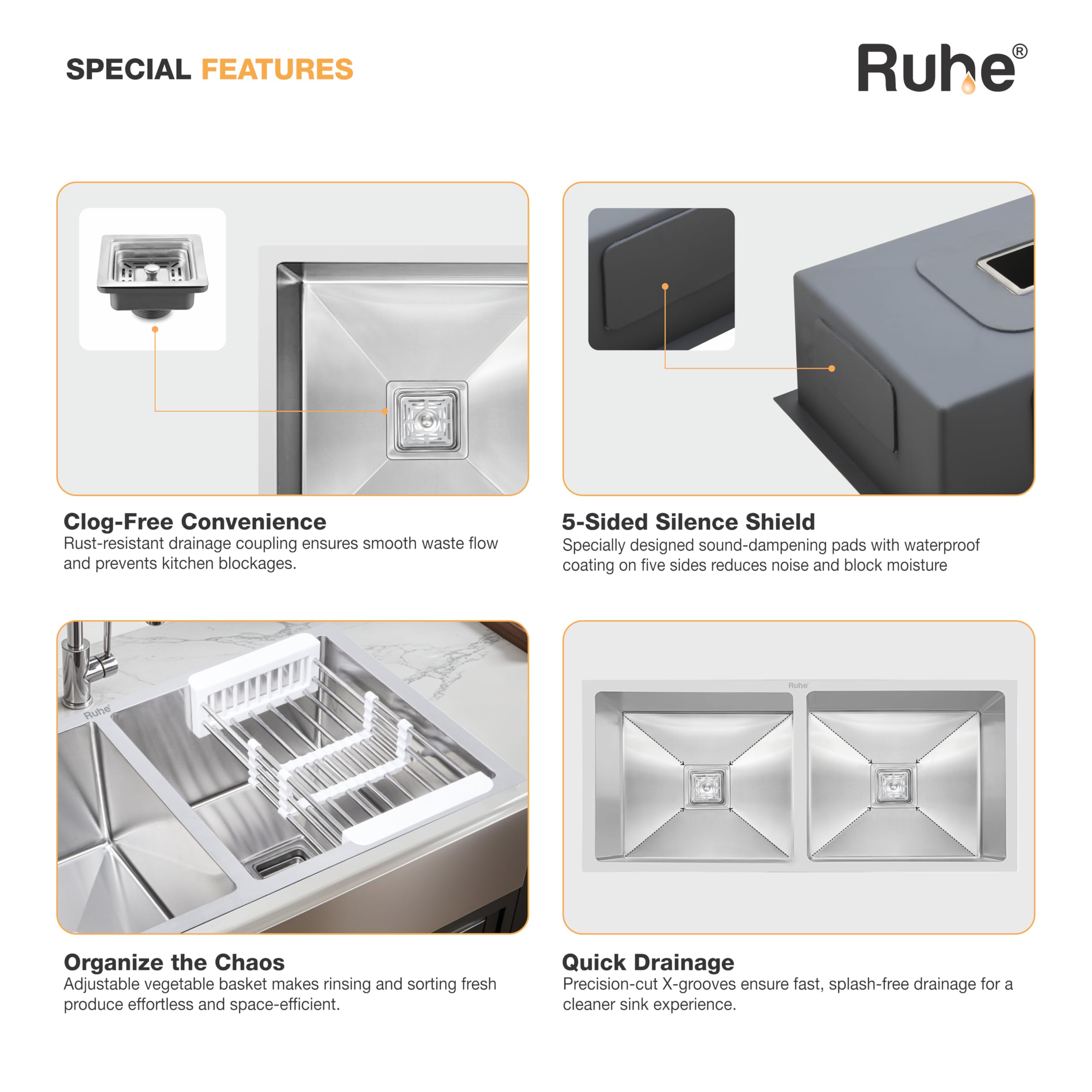 Ruhe Double Bowl Stainless Steel Kitchen Sink - Handmade & Durable -4