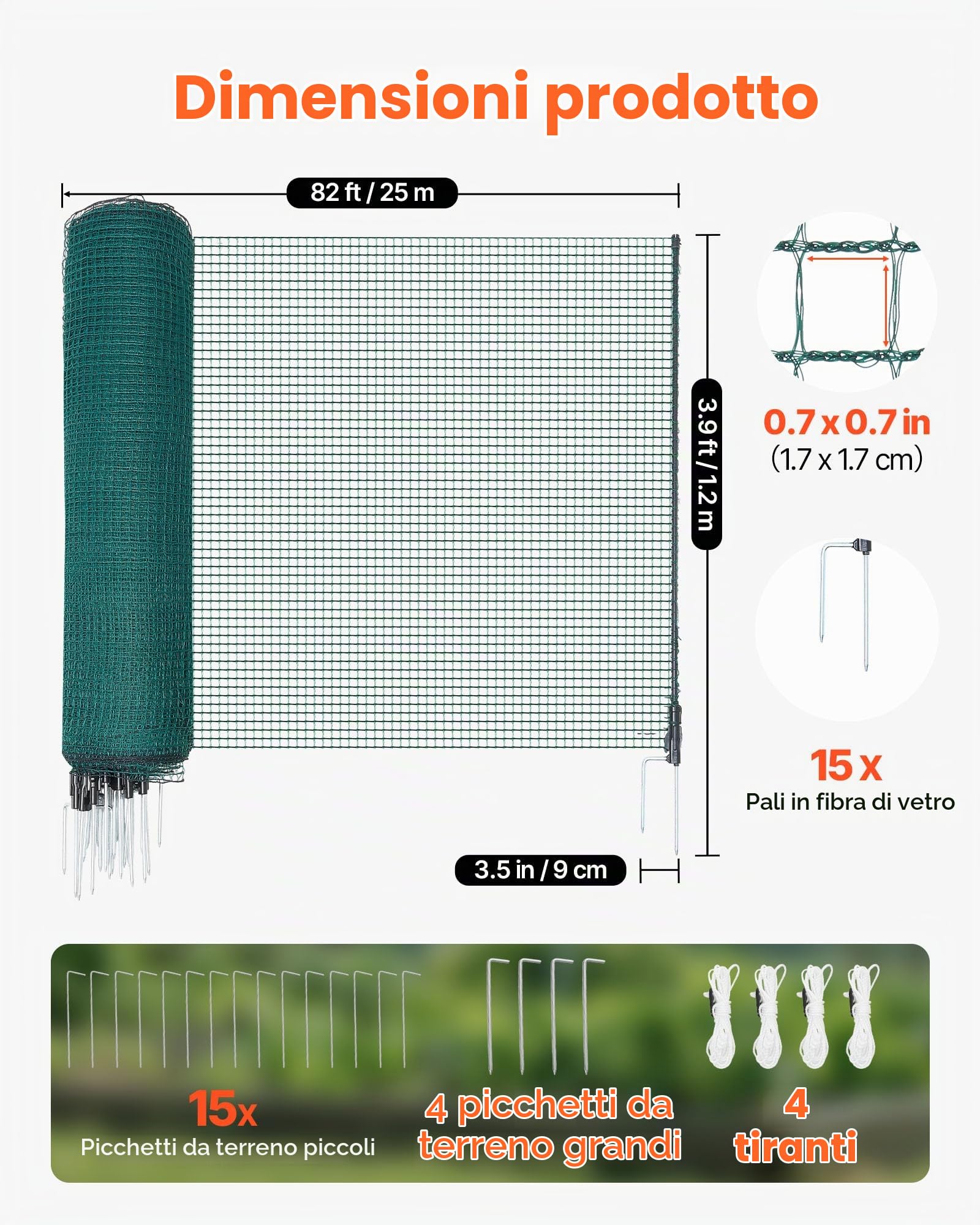 VEVOR Rete per Recinzione in Plastica, Recinzione Temporanea Flessibile 1,2 x 25 m, Rete di Sicurezza con Pali, Picchetti a Doppia Punta e Tiranti, Barriera Protettiva Rimovibile per Cani Polli Piante