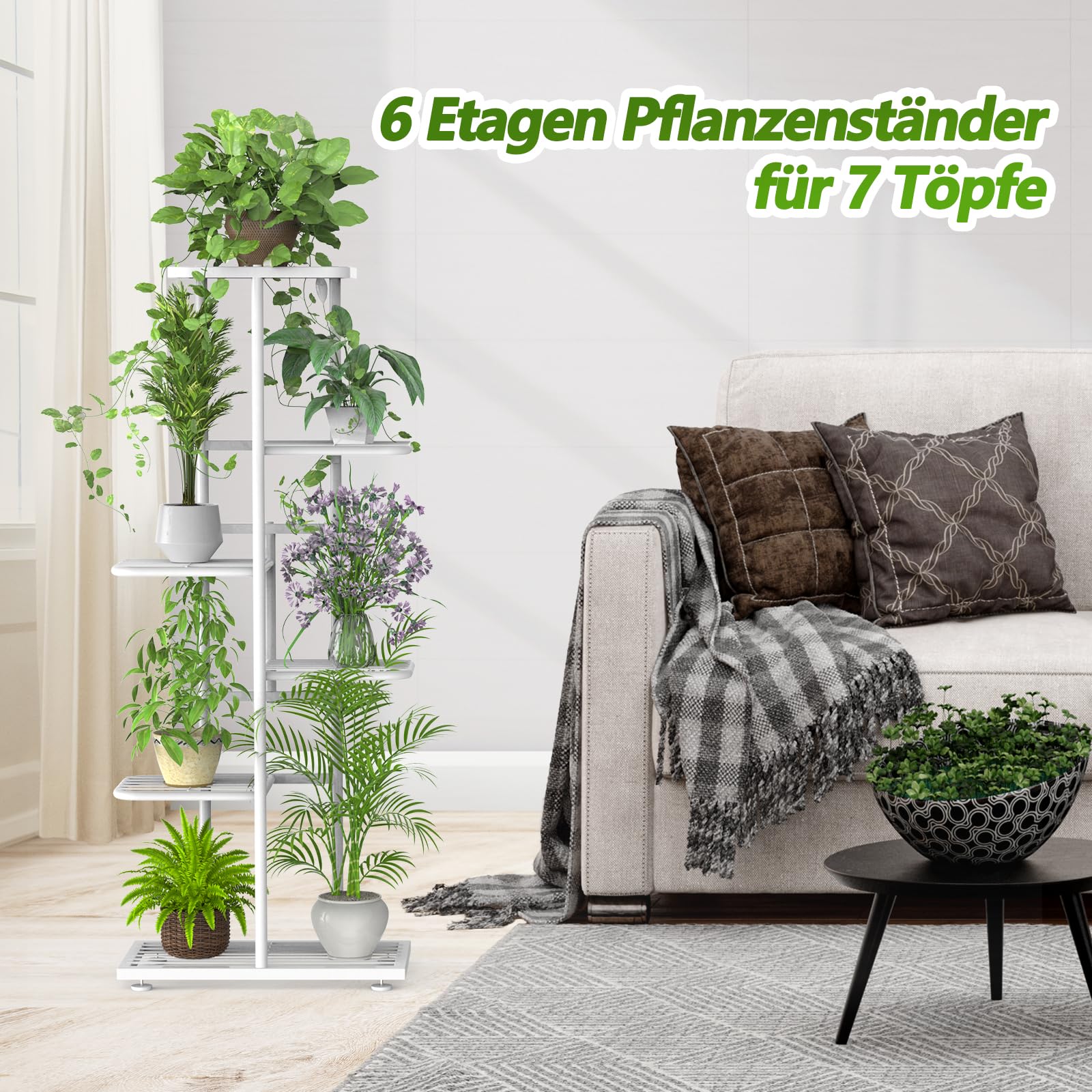 Bloemenstandaard met 8 etages, wit, met tuingereedschap en