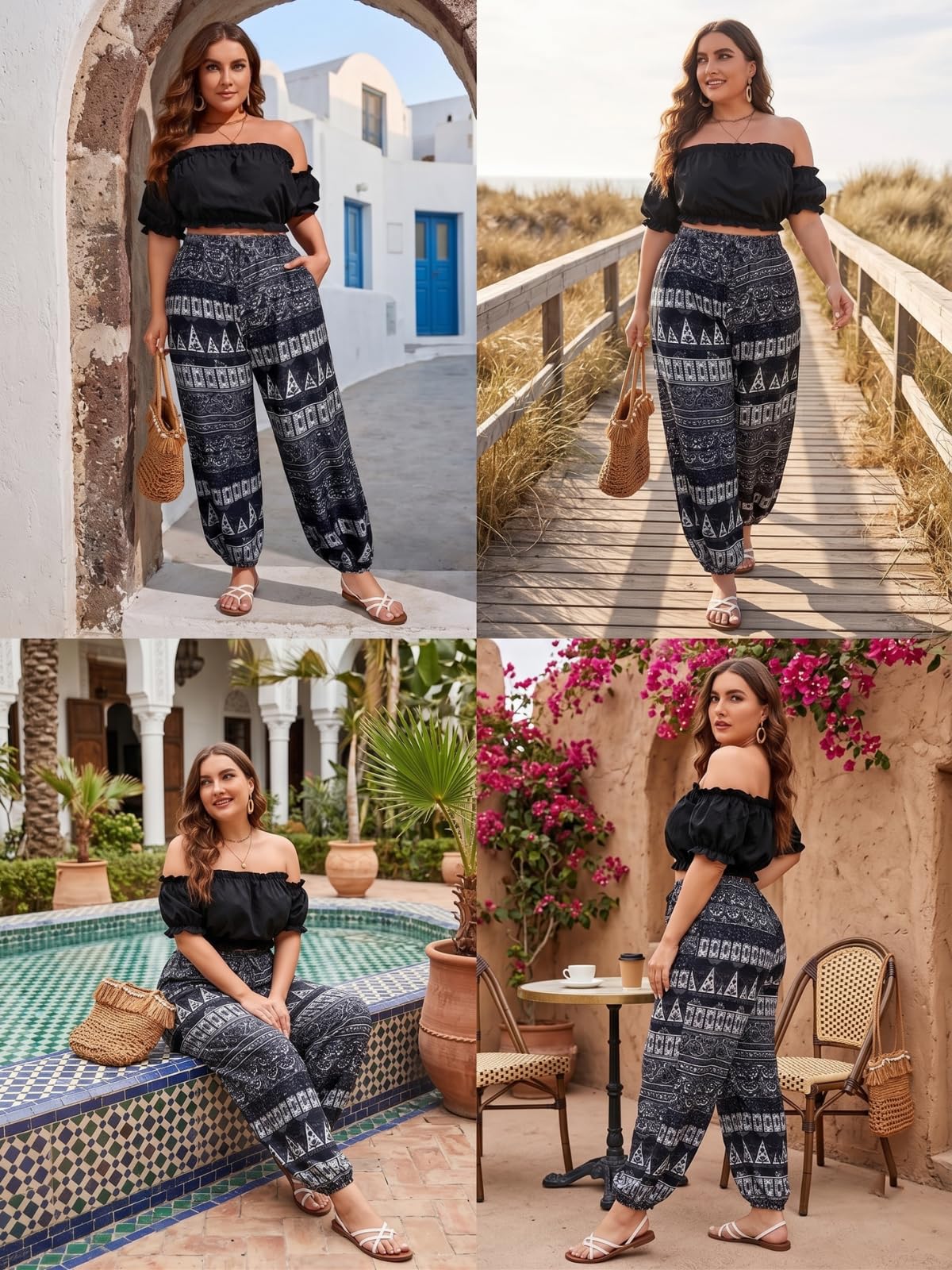 GRECIILOOKS Sharara - Pantalones harén bohemios de viscosa para mujer, estampado Palazzo Plazo, holgado, cintura elástica, para yoga y ocio