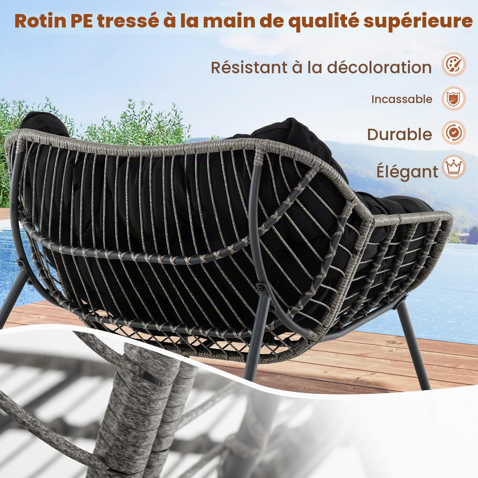 GIANTEX Chaise a Bascule, Coussin Doux Amovible, Assise en Rotin PE, Fauteuil a Bascule Large et Enveloppant, Structure en Métal, Rocking Chair pour Salon, Bureau, Balcon, Charge 150 kg, Noir