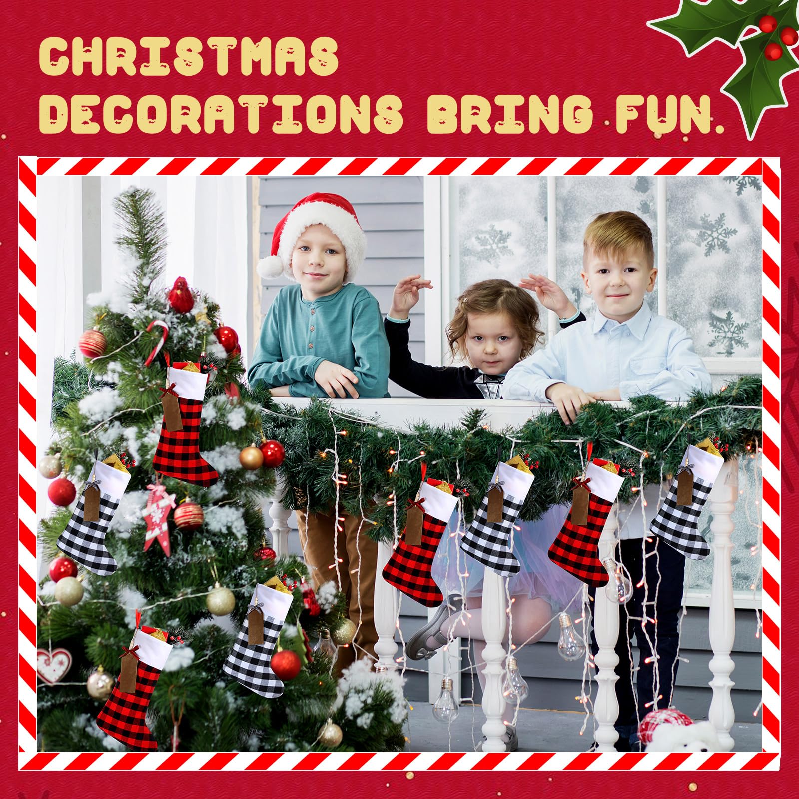 Lot de 16 grandes chaussettes de Noël avec étiquettes de nom en bois à faire soi-même - 45,7 cm - Décorations de Noël à suspendre avec étiquettes pour décoration de fête de Noël (blanc noir, rouge
