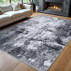 KOZYFLY Modern Abstract Area Rug 8x10 Gray Washable Large Living Room Thin Rugs Bedroom Non Skid Carpet with Faux Wool Soft Low Pile for Dining Room Living Room Office Dorm Kitchen Table Apartment