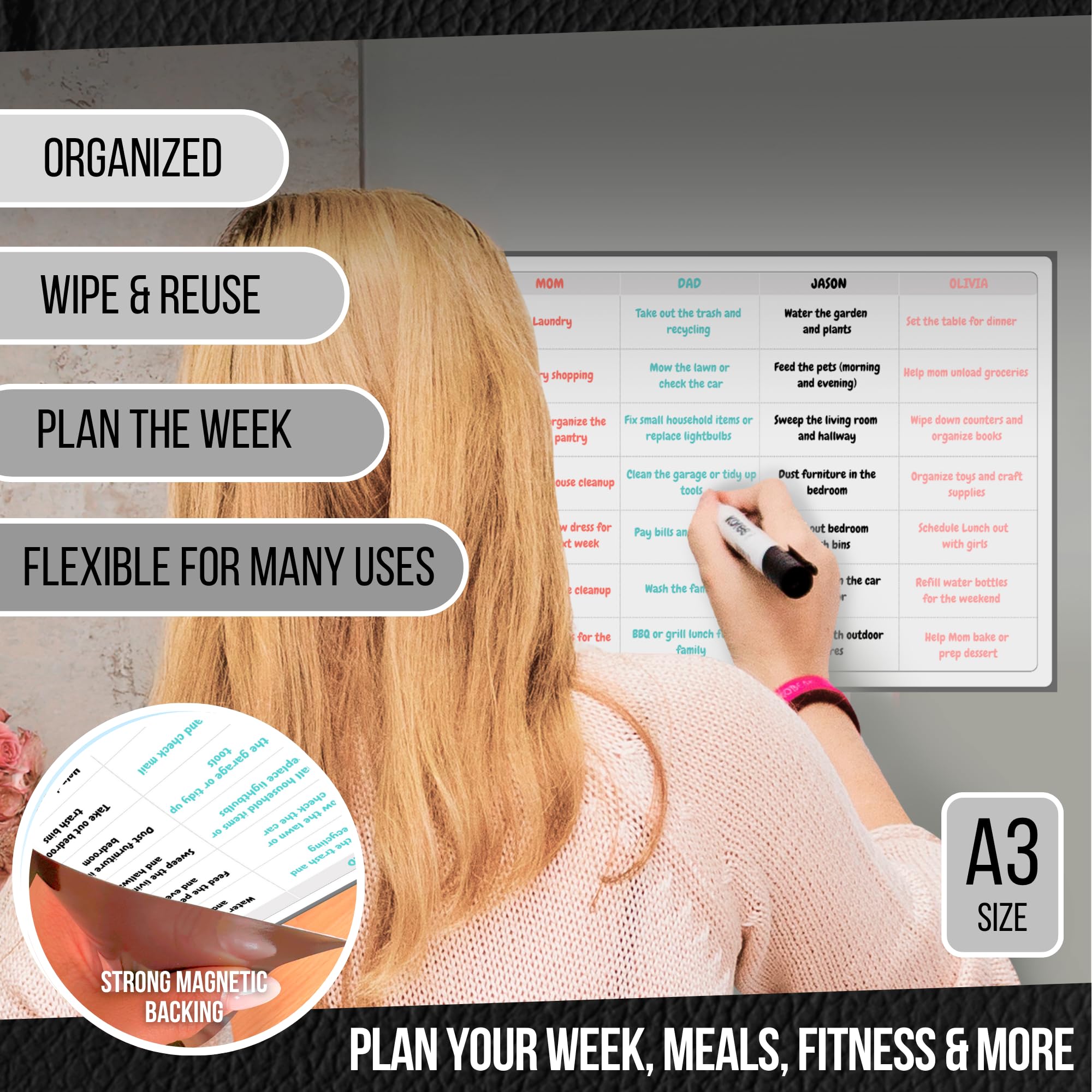 Magnetic A3 All-in-One Planner for Fridge | Weekly Meal, Fitness & Schedule Organizer | Dry Erase Whiteboard | Reusable Family Planner | Full Magnetic Backing | Includes Black Dry Wipe Pen (Mono) - Image 2